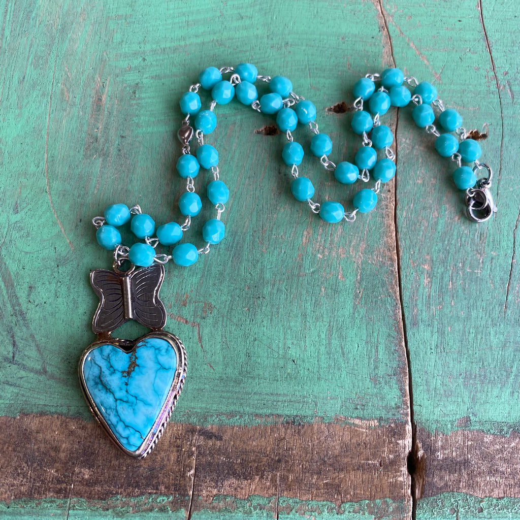 Butterfly Turquoise Heart Necklace or Earrings