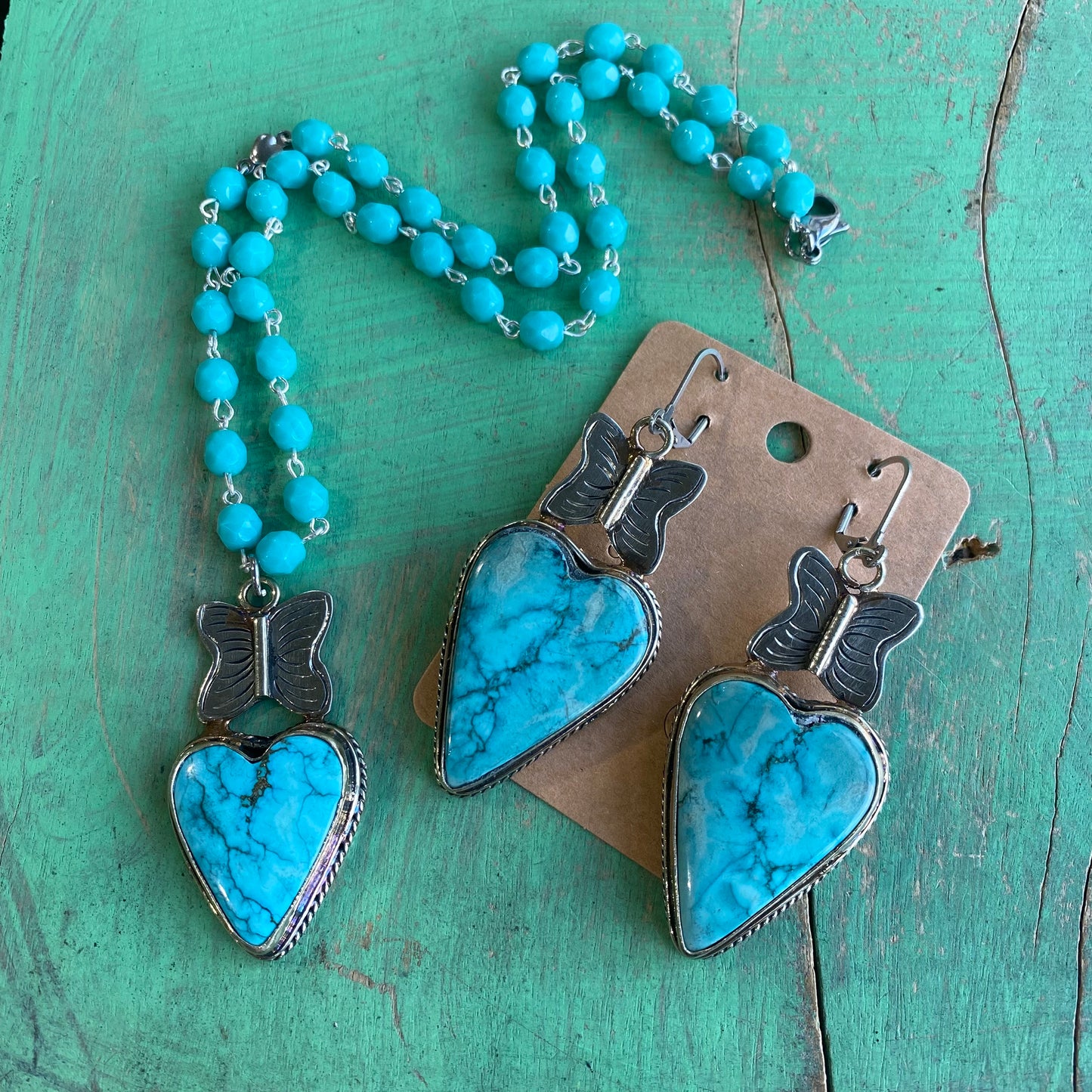 Butterfly Turquoise Heart Necklace or Earrings