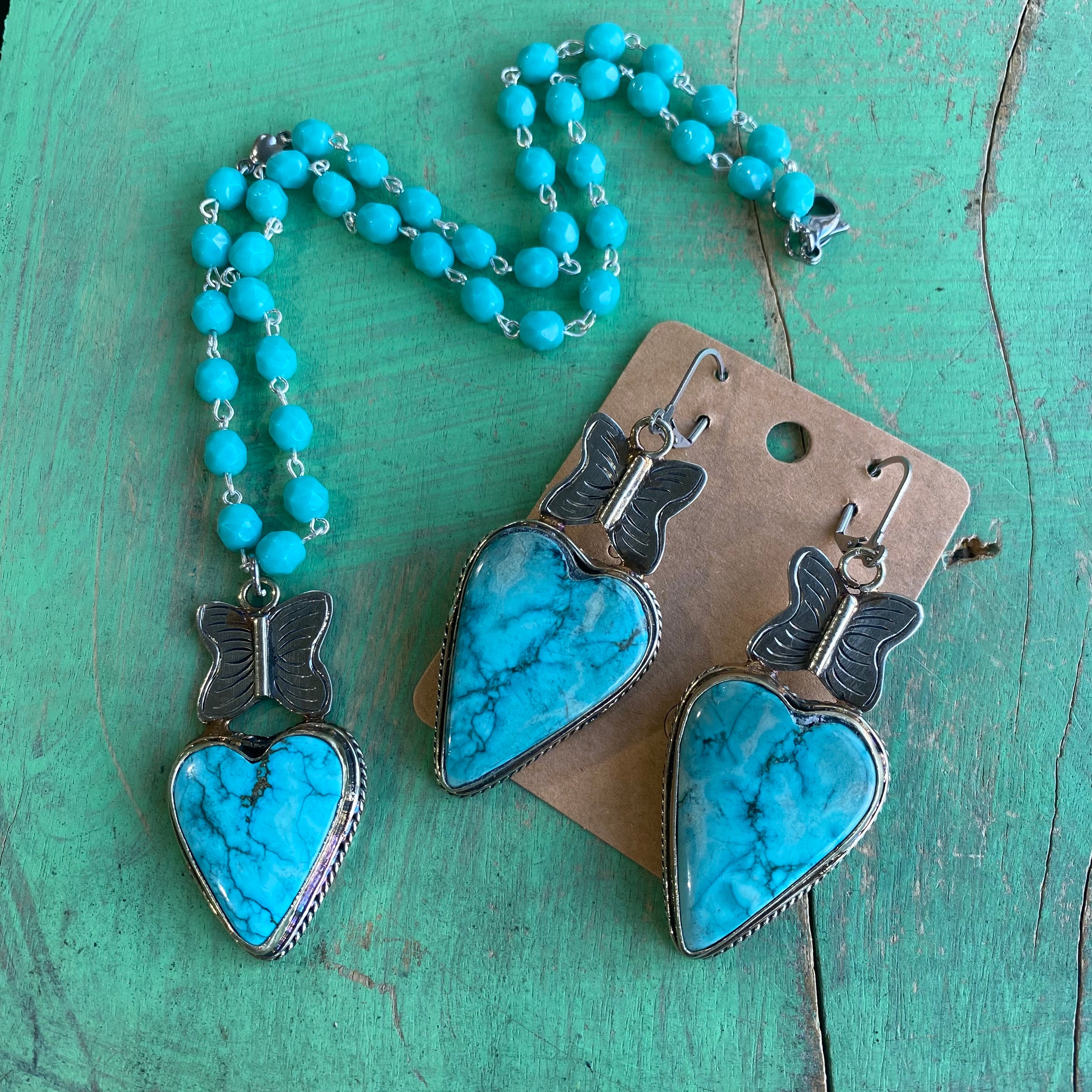 Butterfly Turquoise Heart Necklace or Earrings