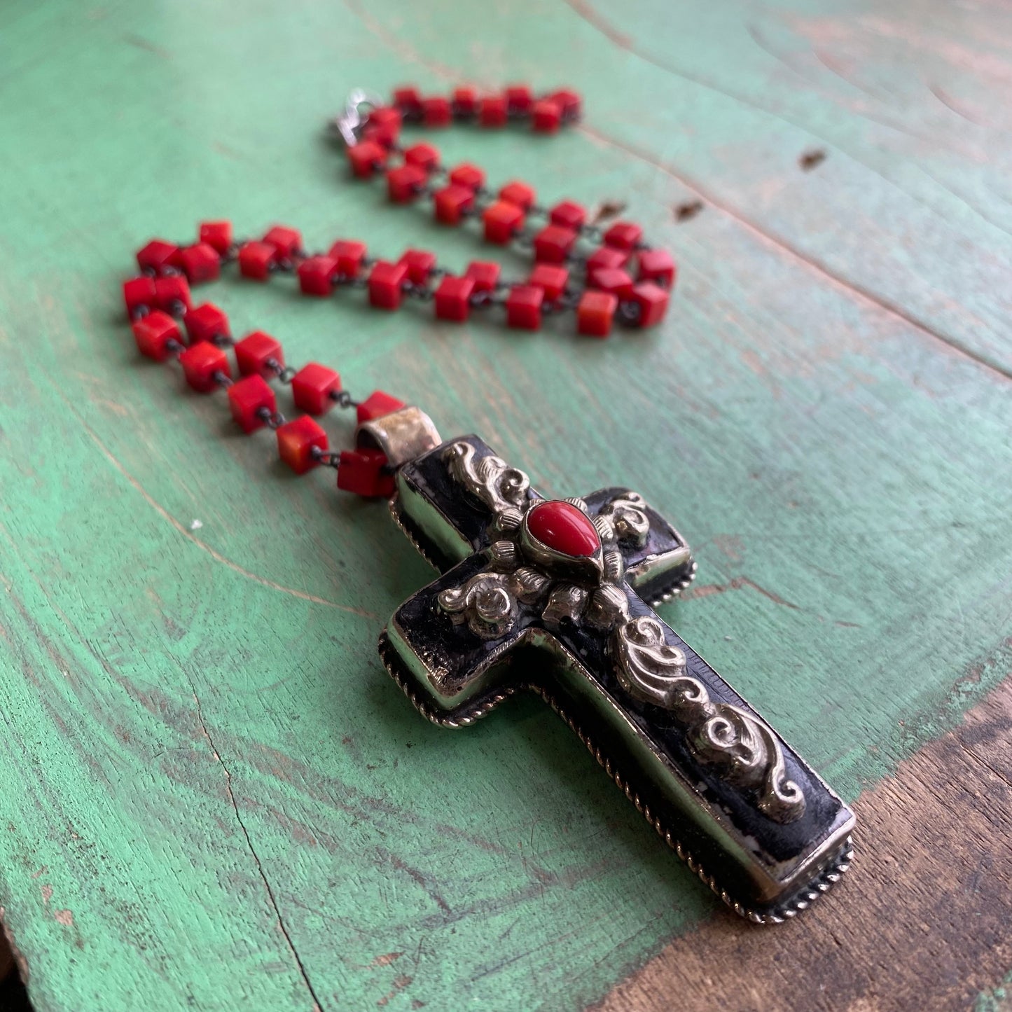 Bamboo Coral Cross Necklace and Earrings