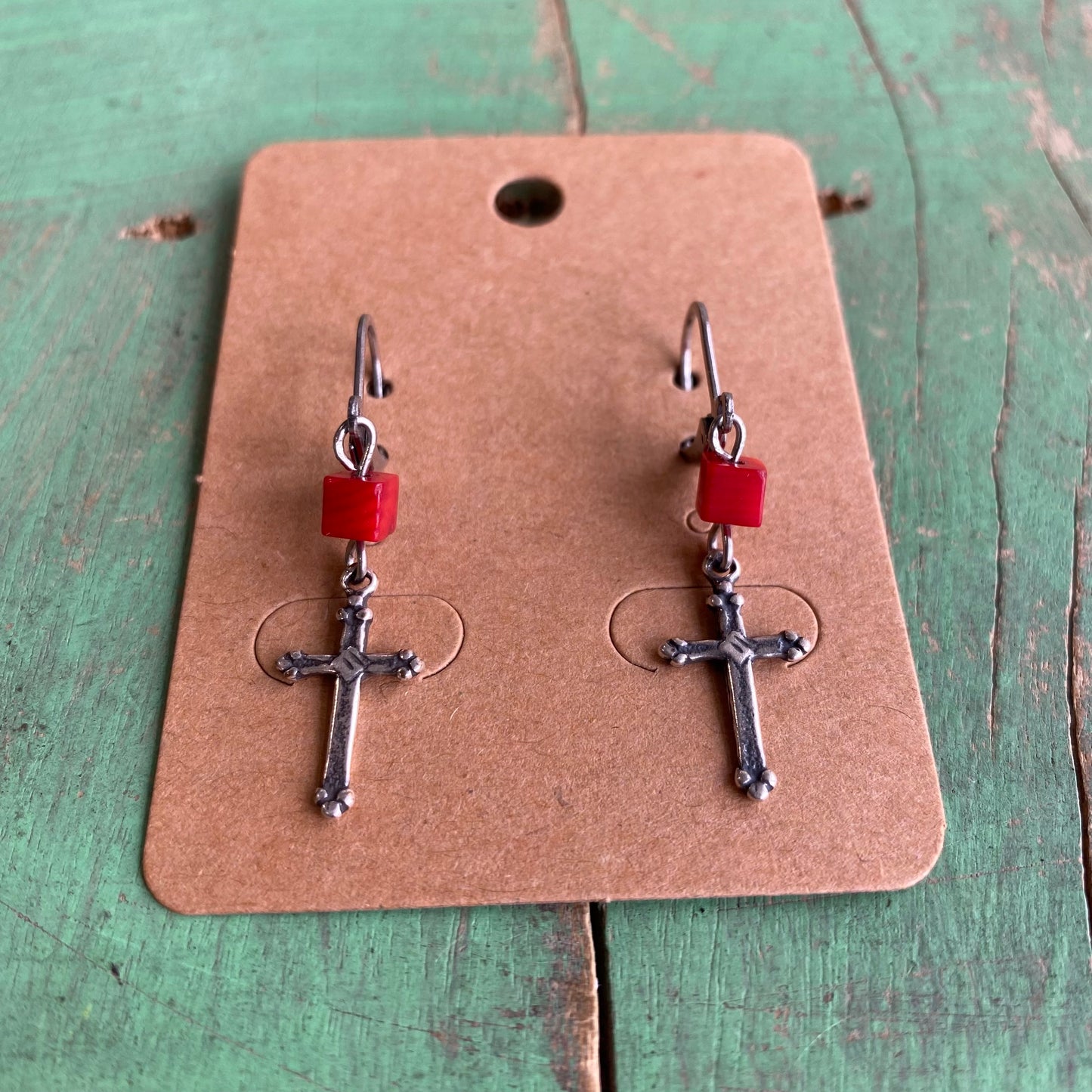 Bamboo Coral Cross Necklace and Earrings