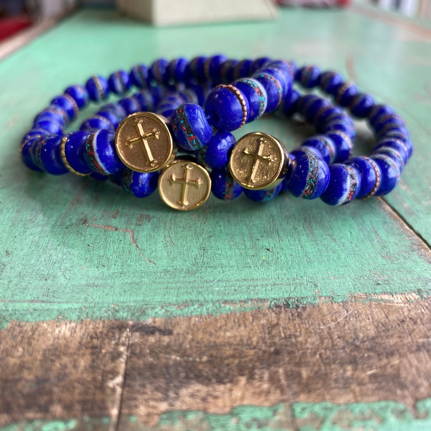 Men of Faith Blue Nepal Prayer Cross Bracelet