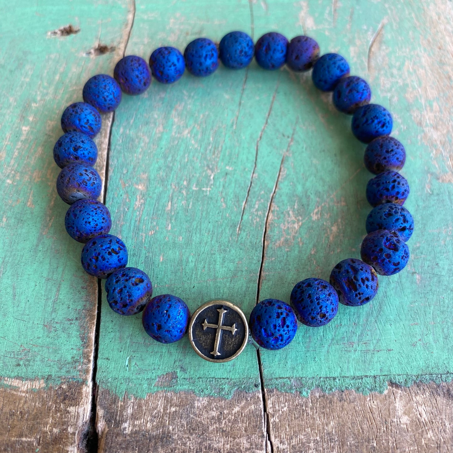 Blue Lava Bronze Cross Bracelet