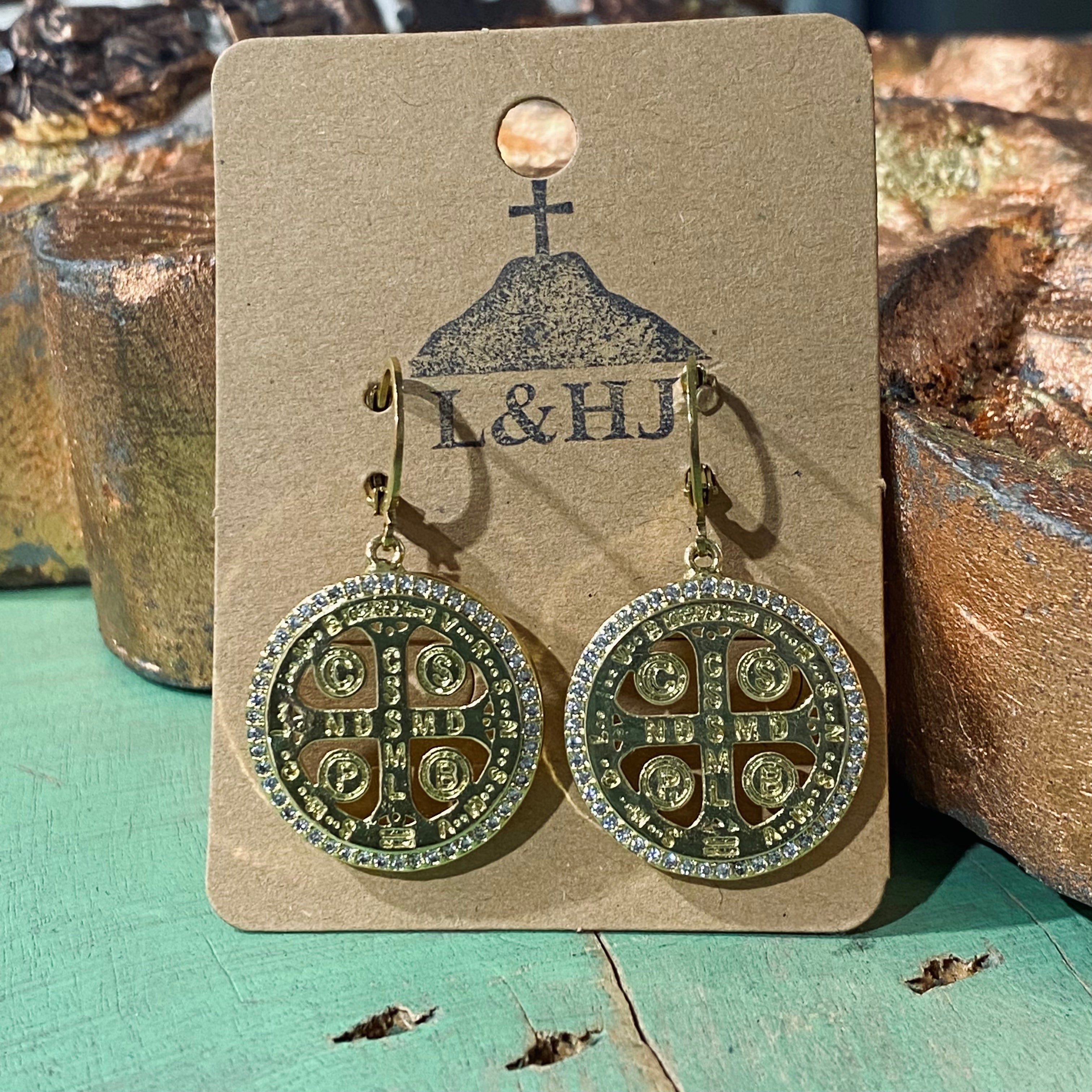 Gold St Benedict CZ Earrings