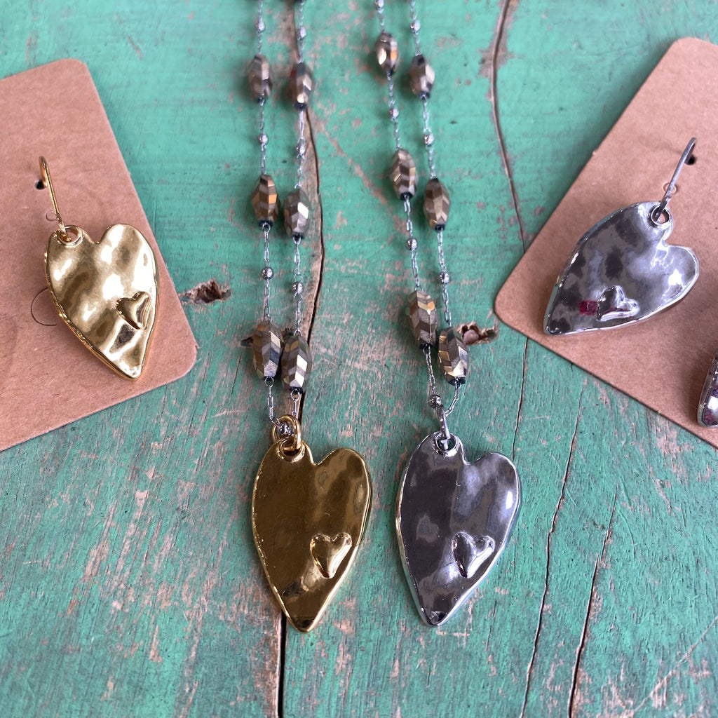 Crystal Chain Heart Necklace and Earrings