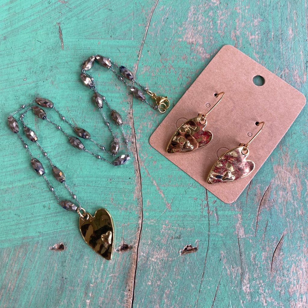 Crystal Chain Heart Necklace and Earrings