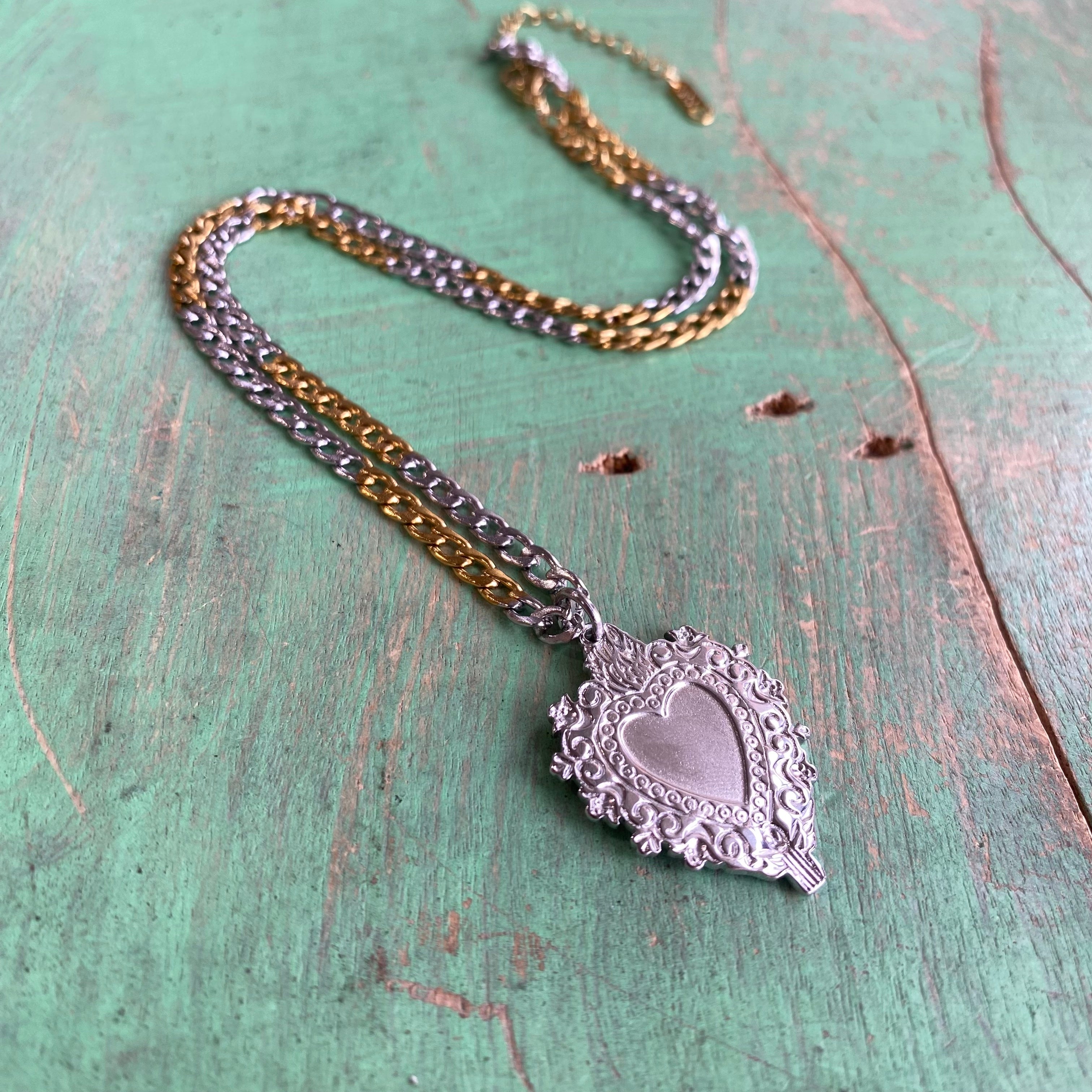 Two-tone Sacred Heart Cuban Link Chain Set