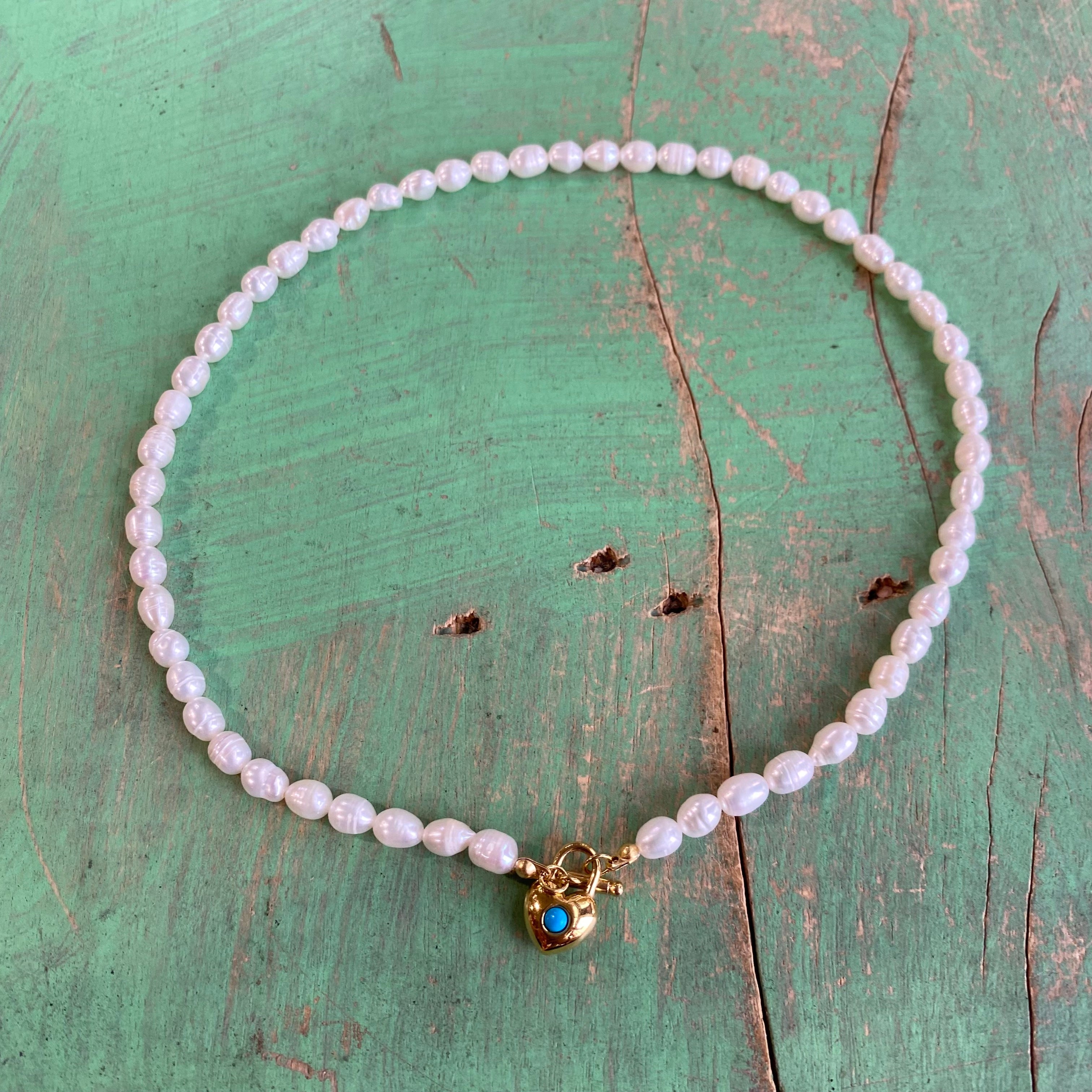 Girl's Freshwater Pearl and Turquoise Heart Necklace