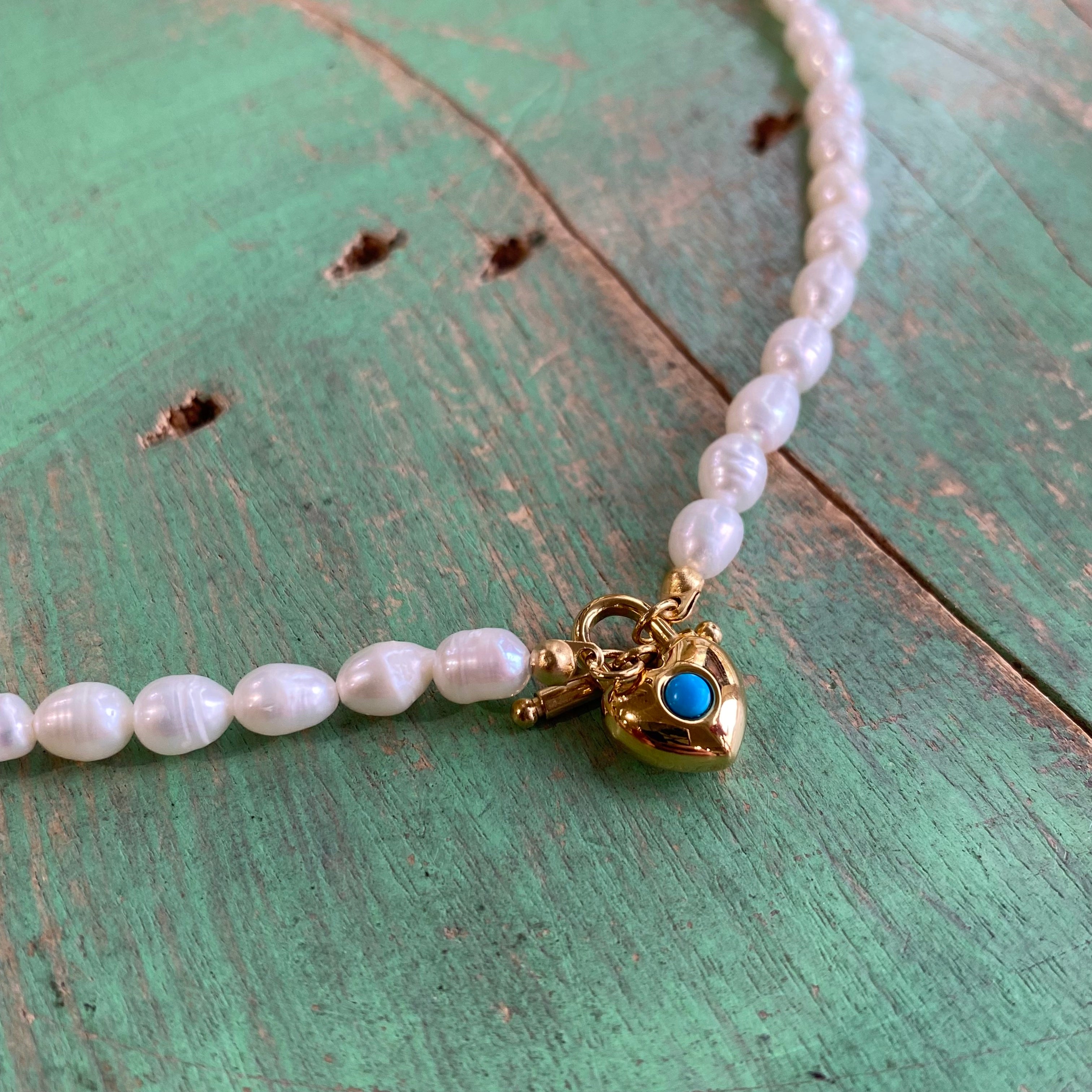 Girl's Freshwater Pearl and Turquoise Heart Necklace