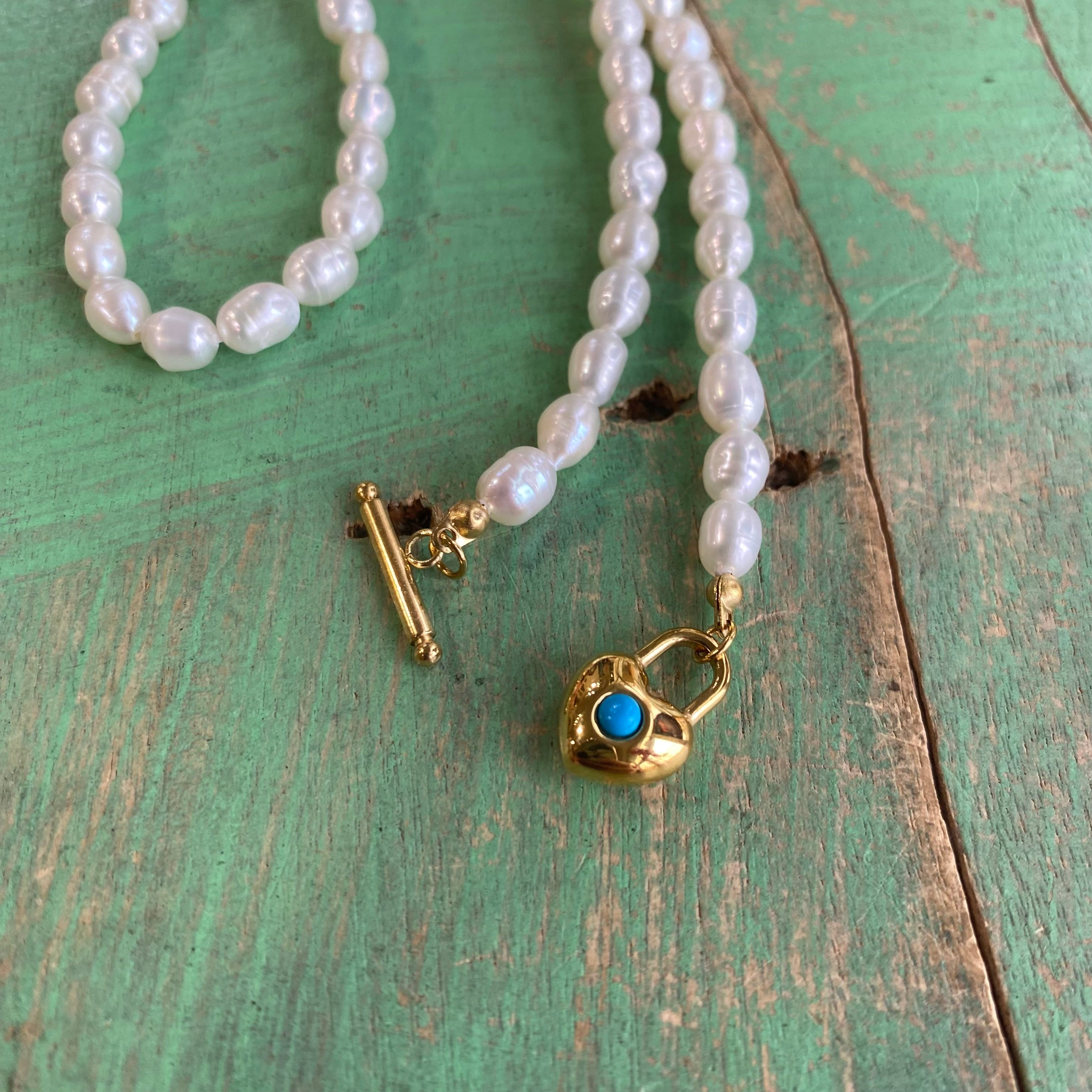 Girl's Freshwater Pearl and Turquoise Heart Necklace