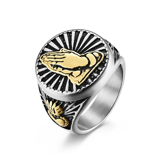 Stainless Steel Praying Hands and Sacred Heart Ring