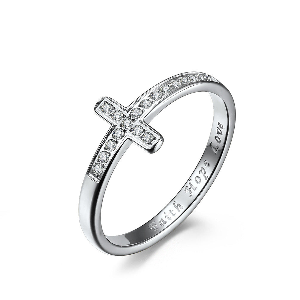 Stainless Steel Faith Hope Love Side Cz Cross Ring