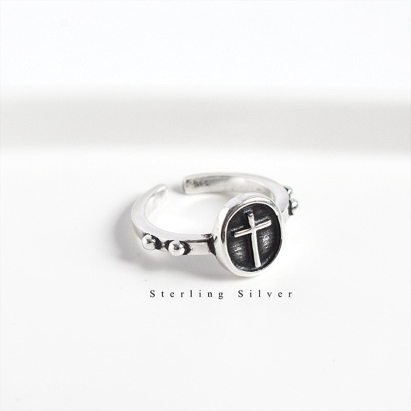 Sterling Silver Oval Cross Adjustable Ring