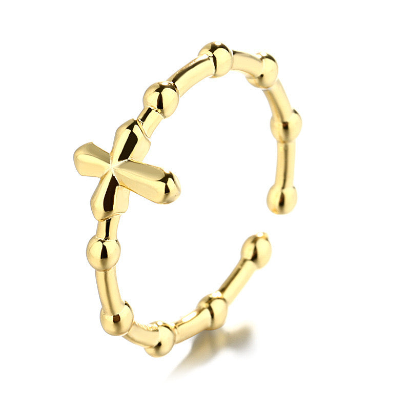 Gold Sterling Silver Standing Cross Rosary Adjustable Ring