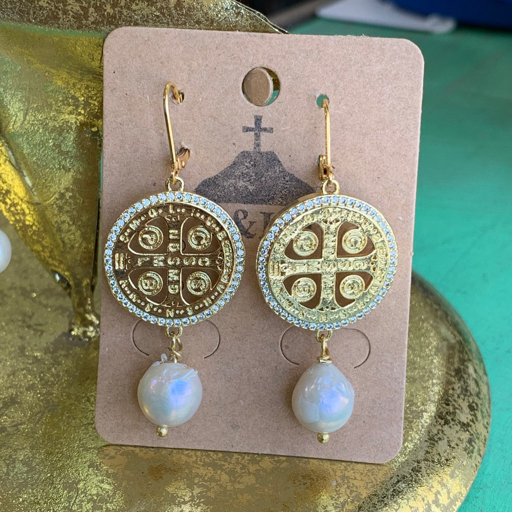 St Benedict Pearl Drop Earrings