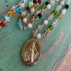 Colorful Square Bead Miraculous Medal Necklace and Earrings