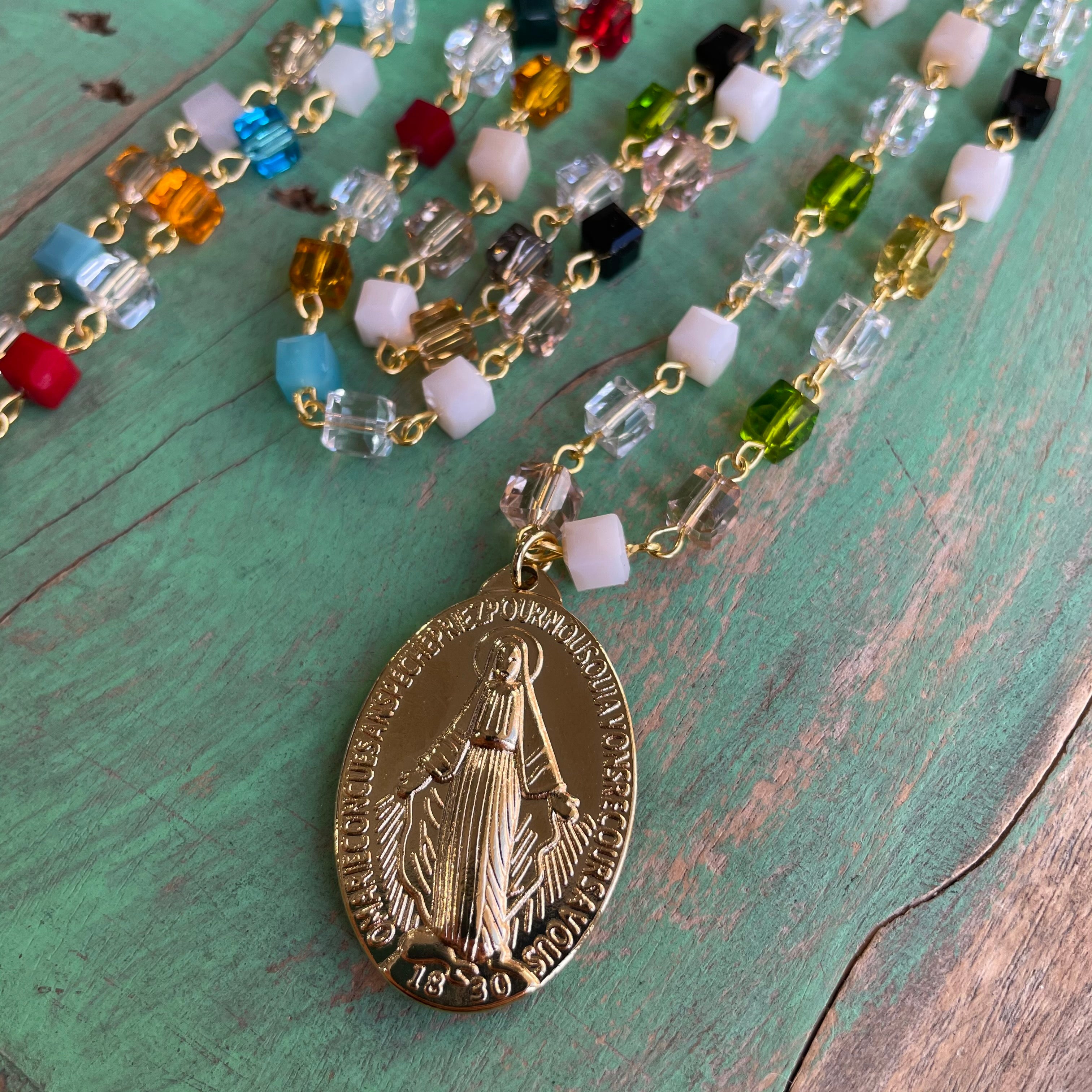 Colorful Square Bead Miraculous Medal Necklace and Earrings