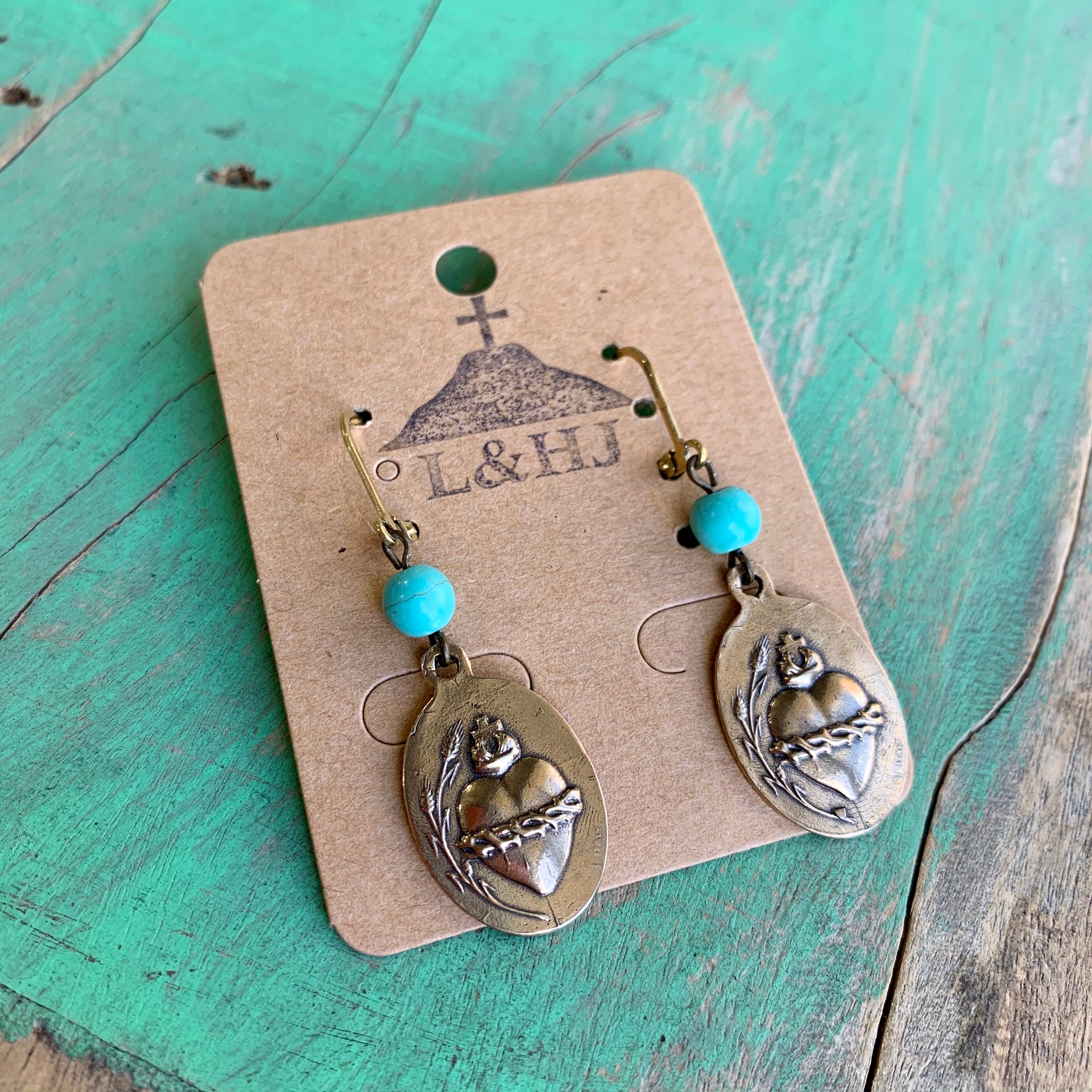 Turquoise and Bronze Heart Necklace and Earrings