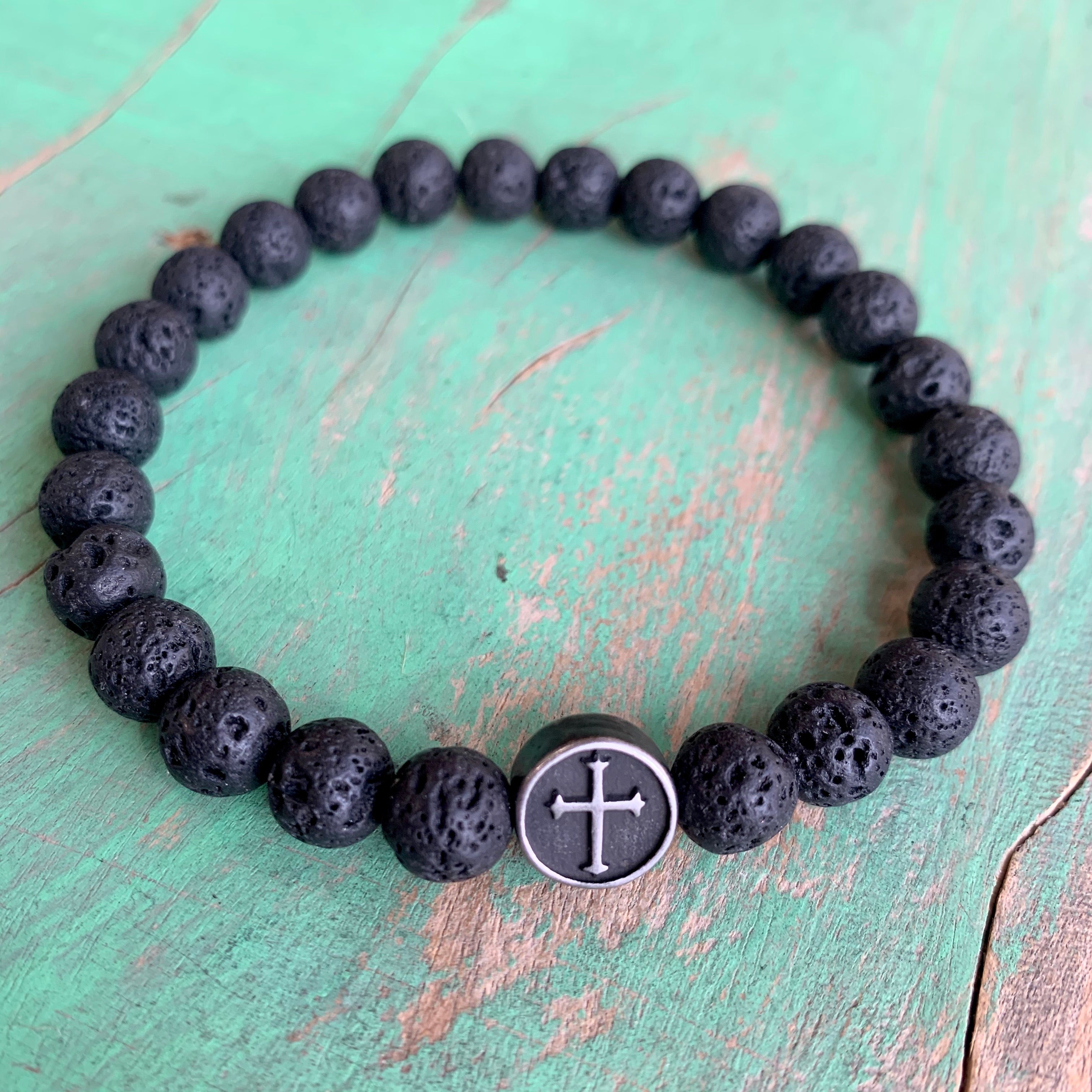 Black Lava Round Cross Bracelet
