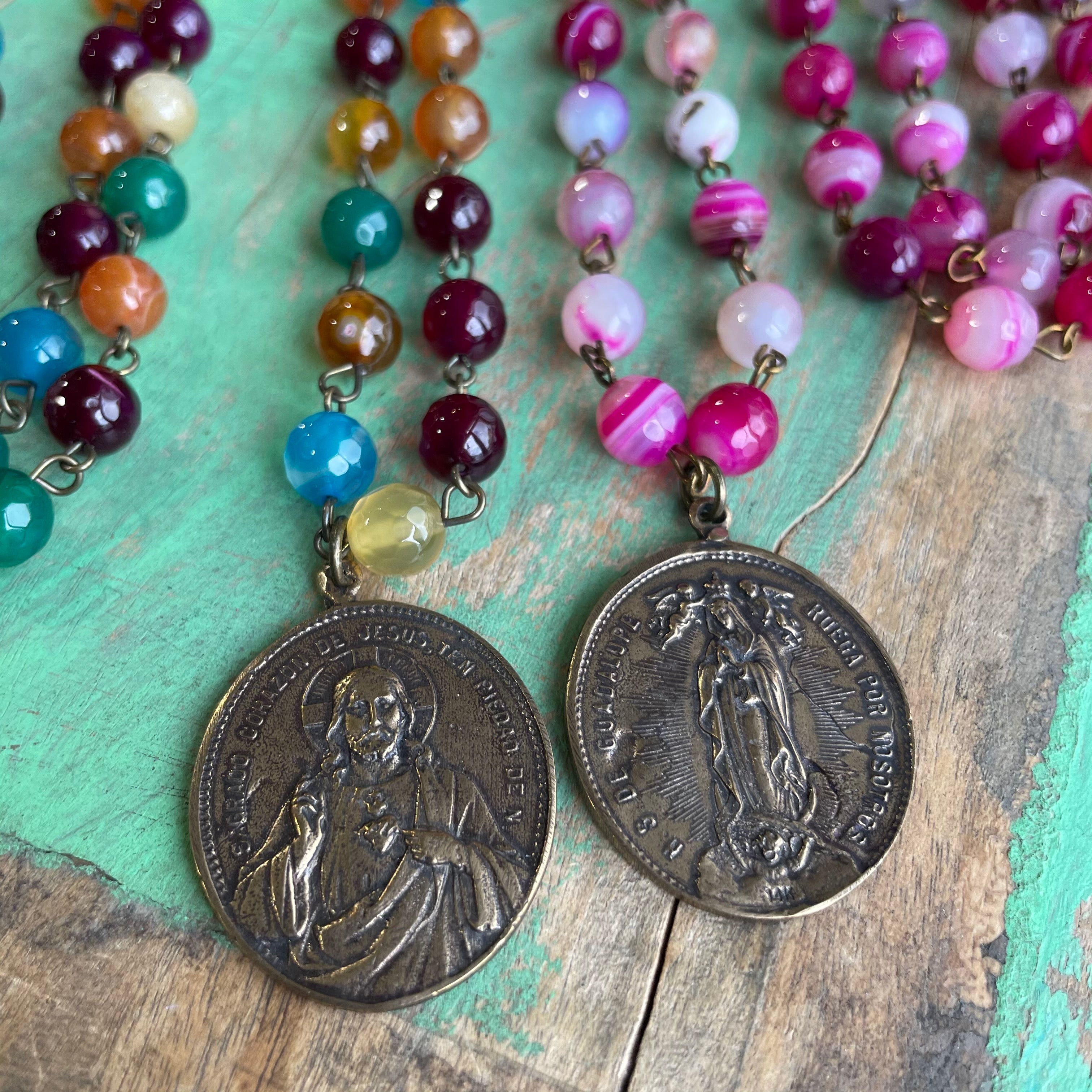 Long Agate Beaded Mary/Jesus Necklace and Earrings