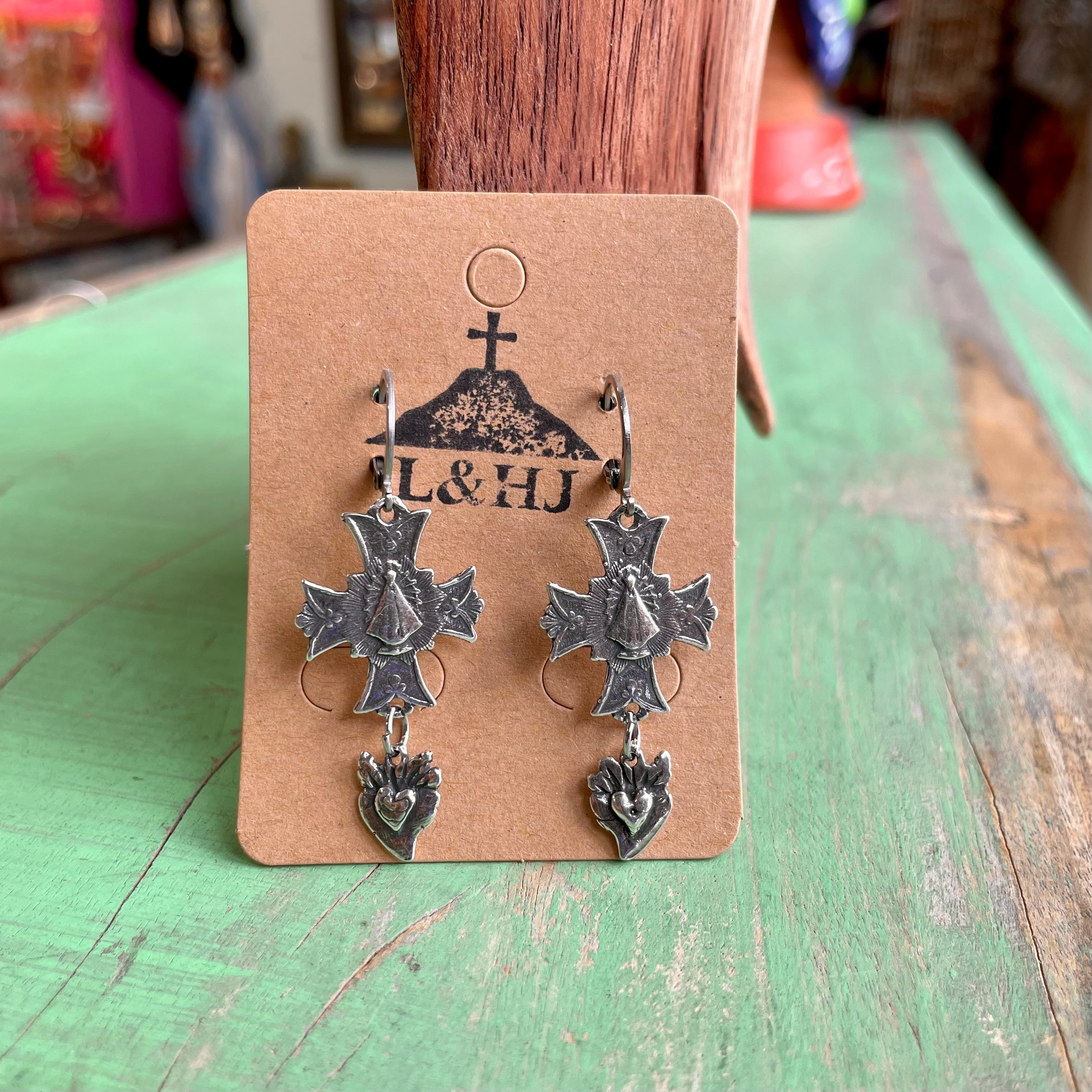 Cross Sacred Heart Dangle Earrings