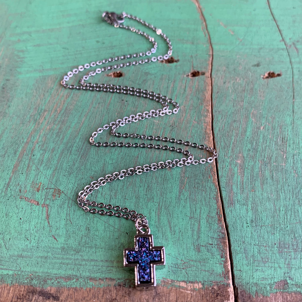 Druzy Brass Cross Necklace and Earrings