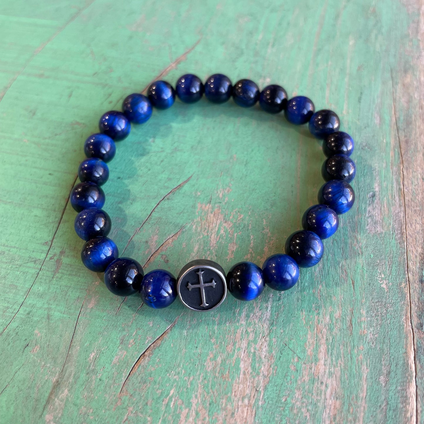 Blue Tiger Eye Bracelet with Cross