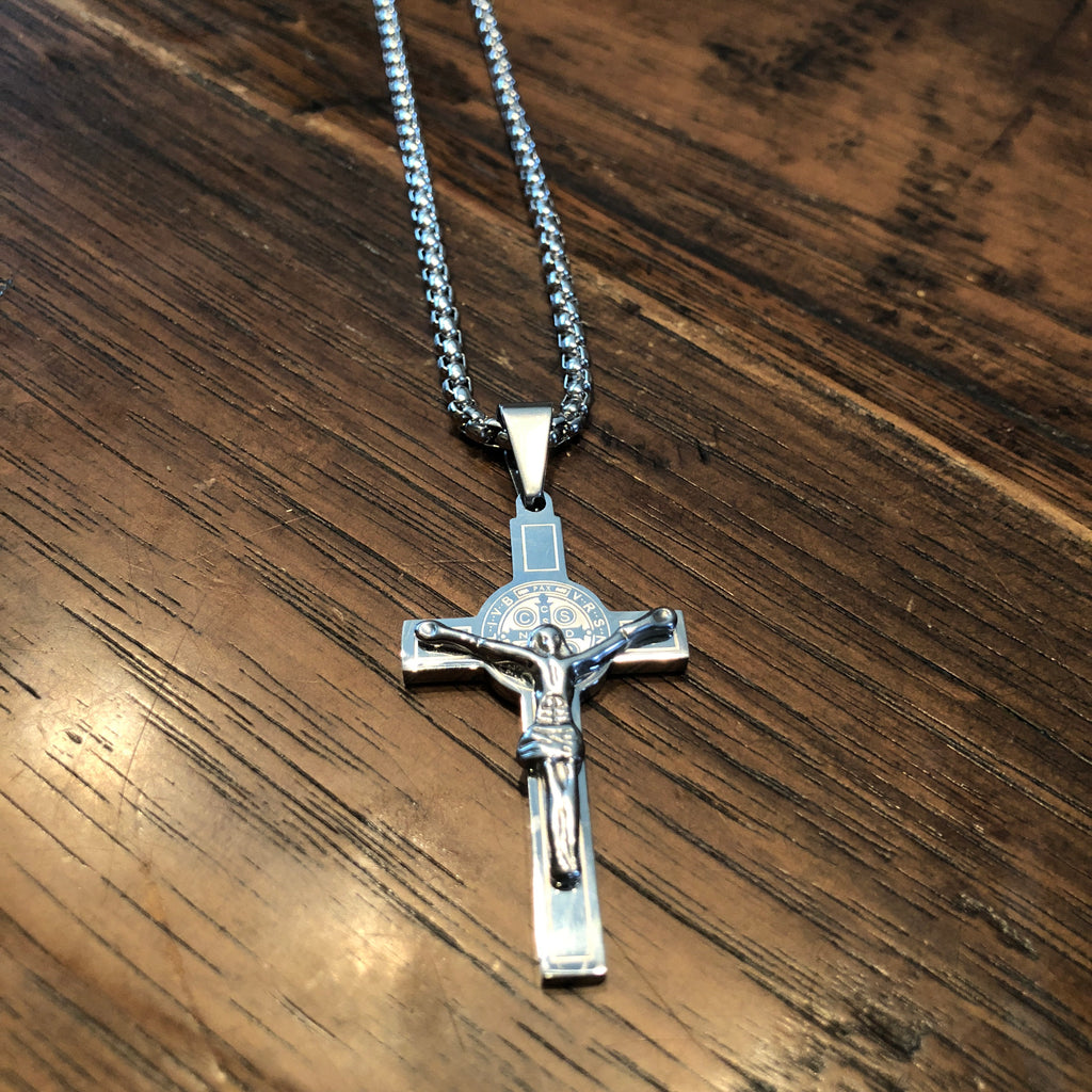 Stainless Steel Big St Benedict Crucifix Necklace