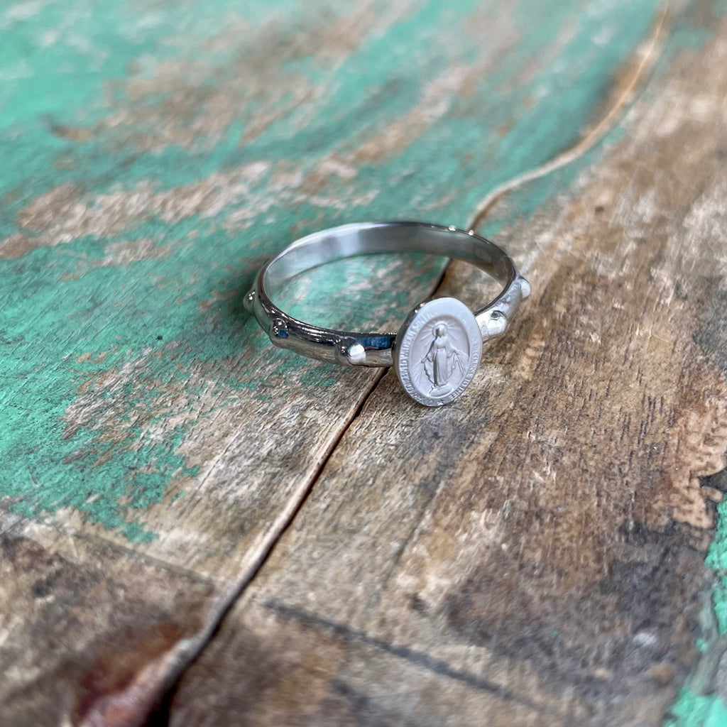 Sterling Silver Mini Miraculous Medal Rosary Ring