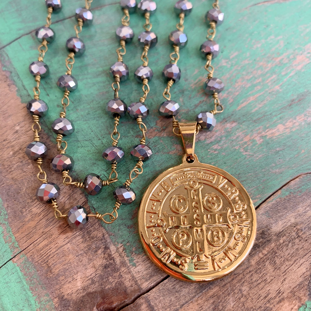 Grey Crystal St Benedict Necklace and Earrings
