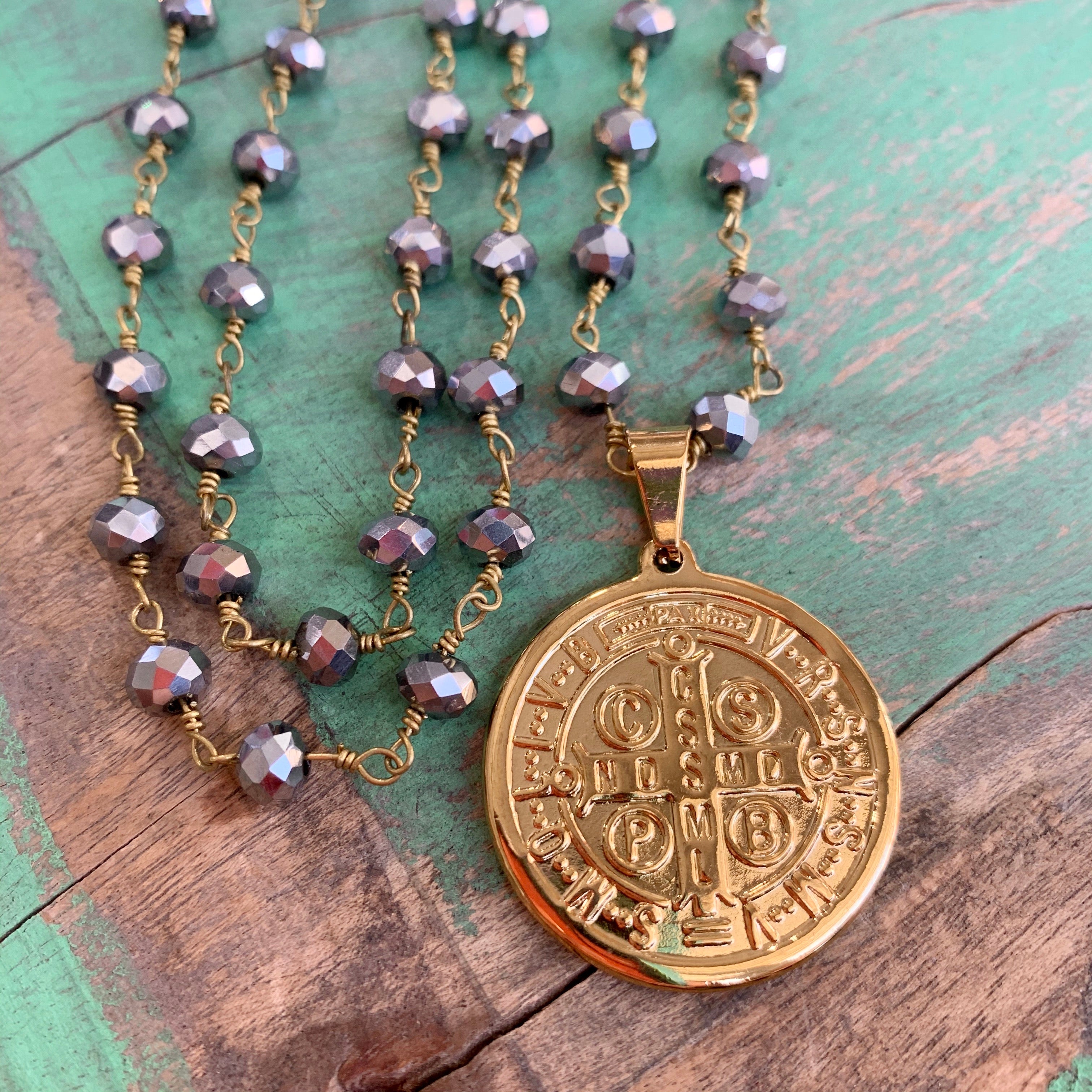 Grey Crystal St Benedict Necklace and Earrings