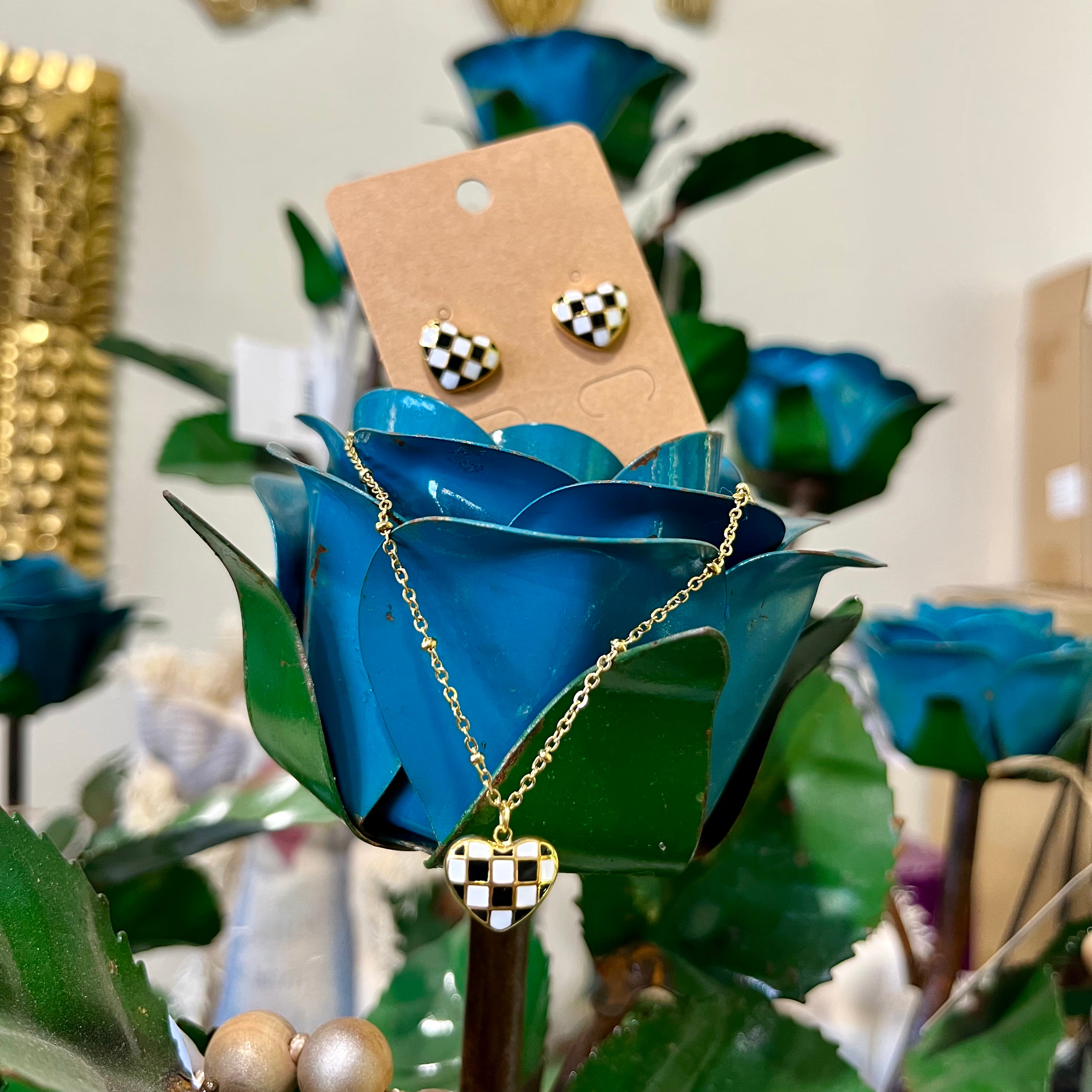 Checkered Gold Stainless Steel Heart Necklace, Earrings or Ring