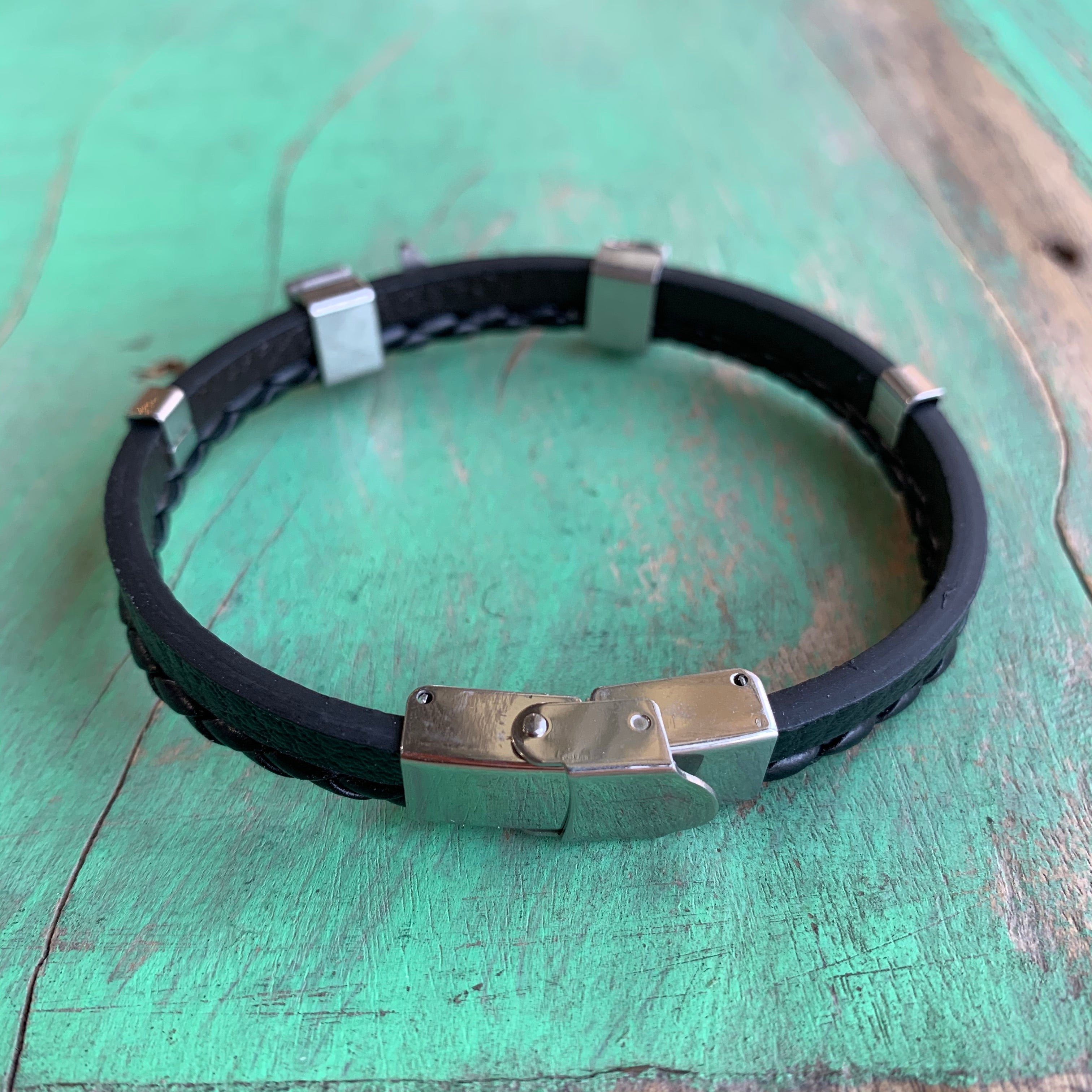 Leather and Stainless Steel Crucifix Bracelet