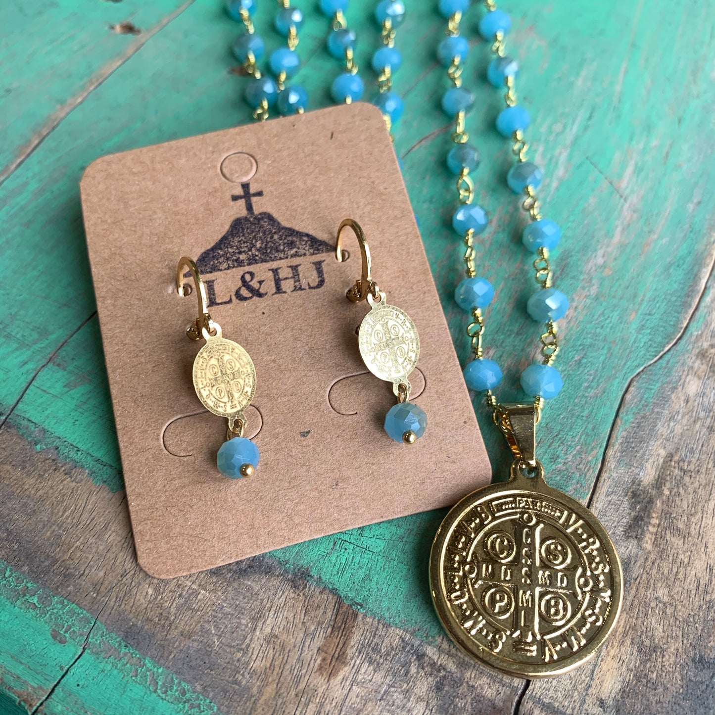Turquoise Crystal St Benedict Necklace and Earrings
