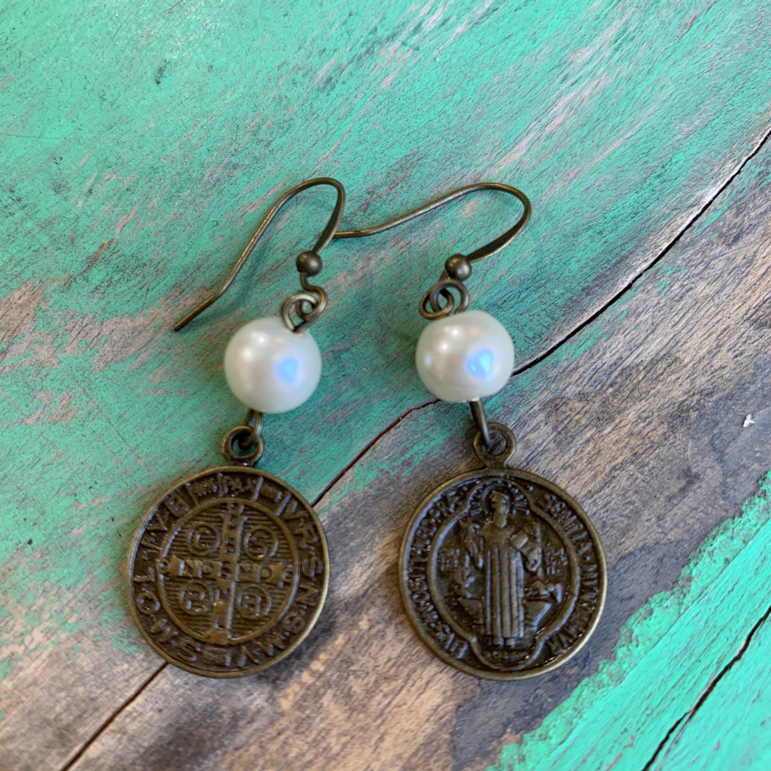 Pearl and bronze earrings