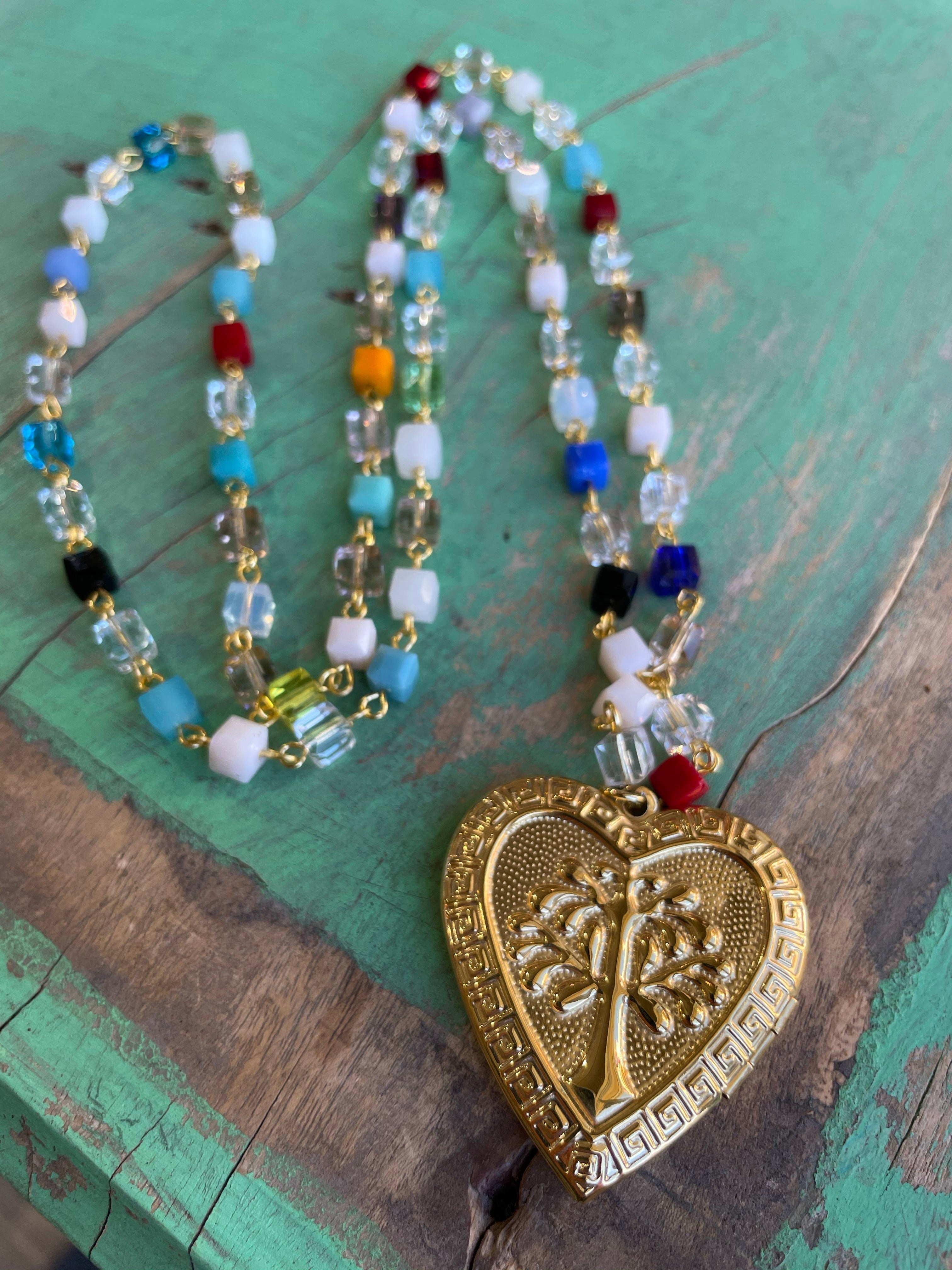 Colorful Heart Locket Necklace, Bracelet, and Earrings