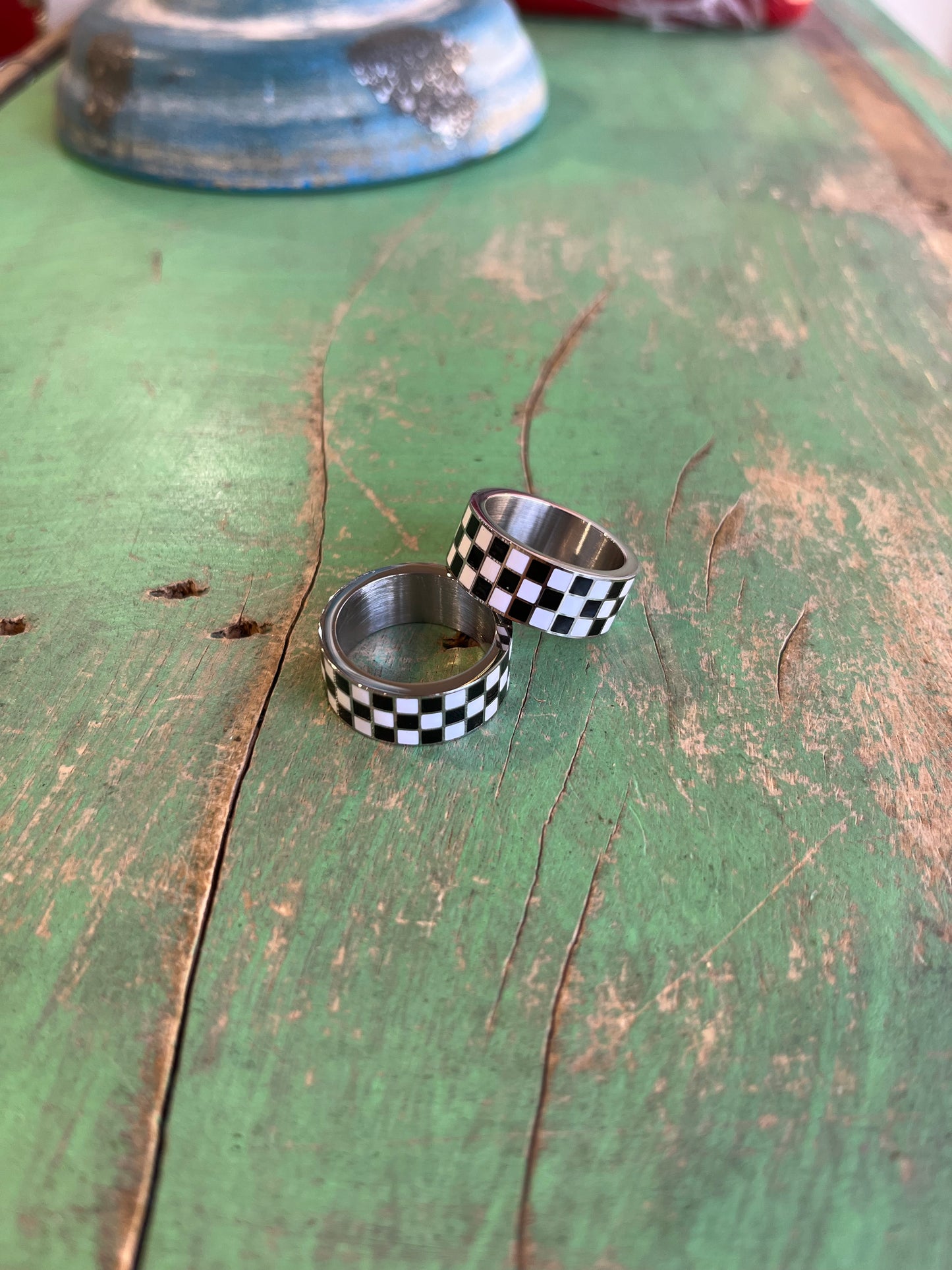 Silver Checkered Stainless Steel Band Ring
