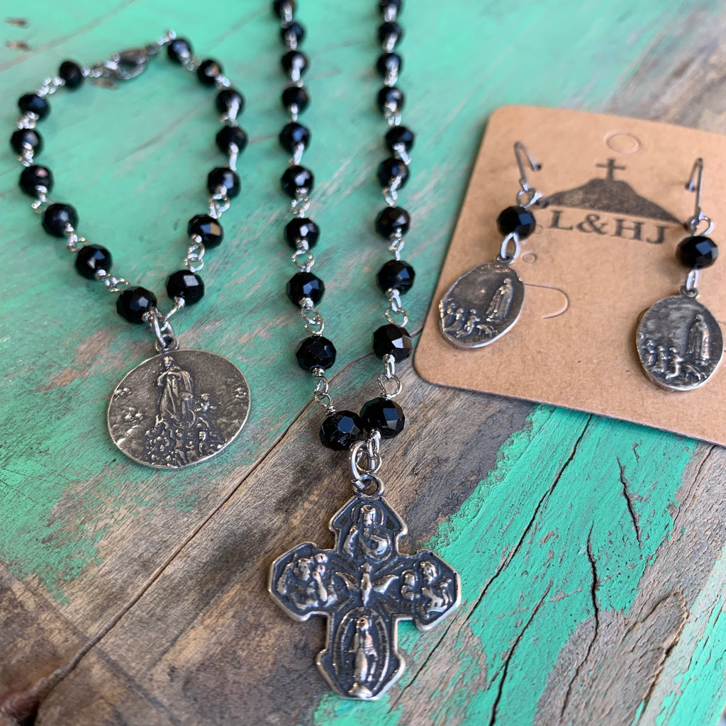 Black and Silver 5 Way Cross Earrings, Bracelet, and Necklace