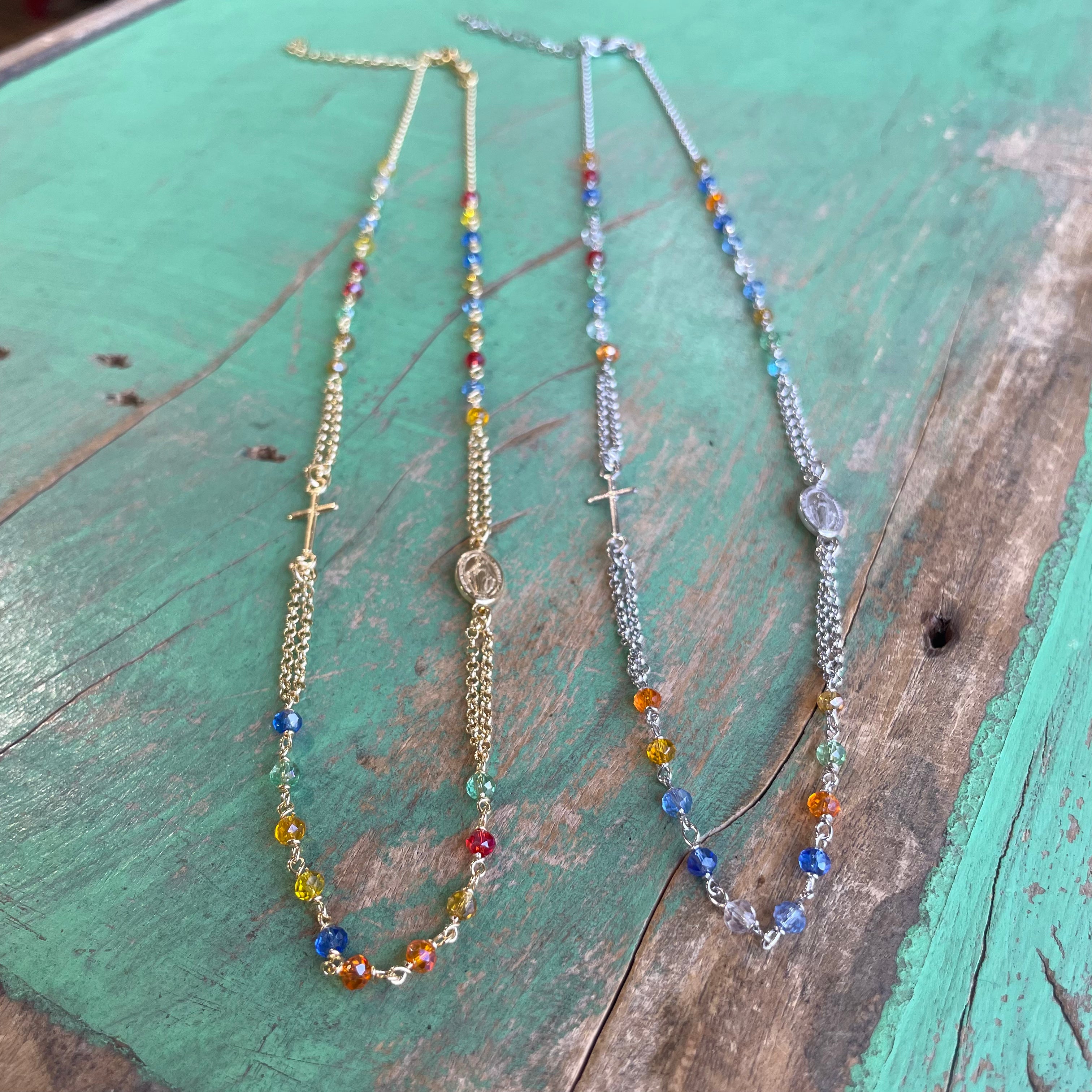 Sterling Silver Multi Color Rosary Inspired Necklace