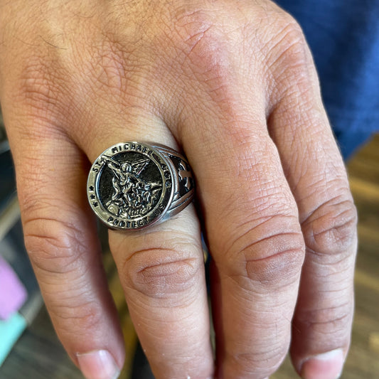 St Michael Stainless and Black Enamel Ring