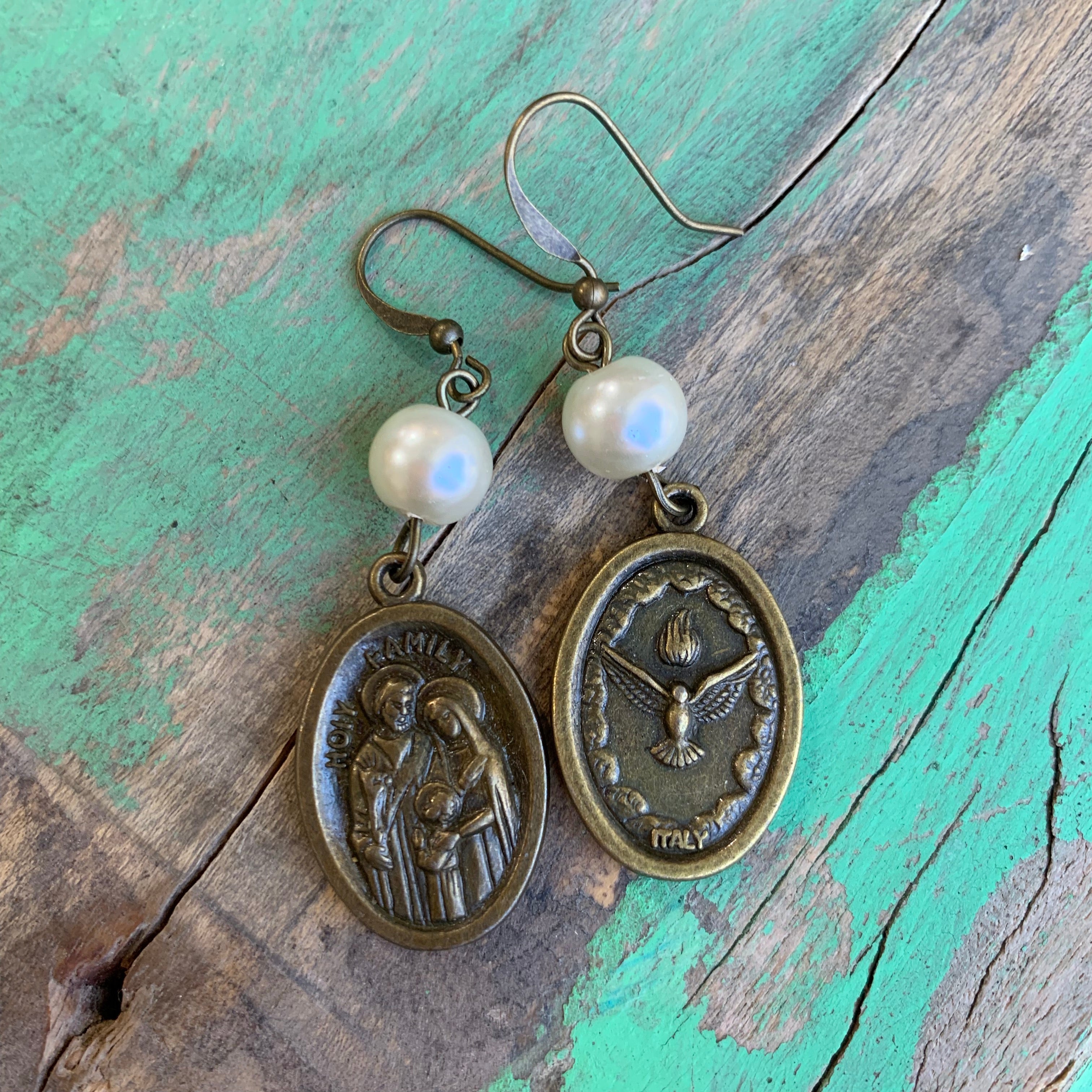 Pearl and bronze earrings