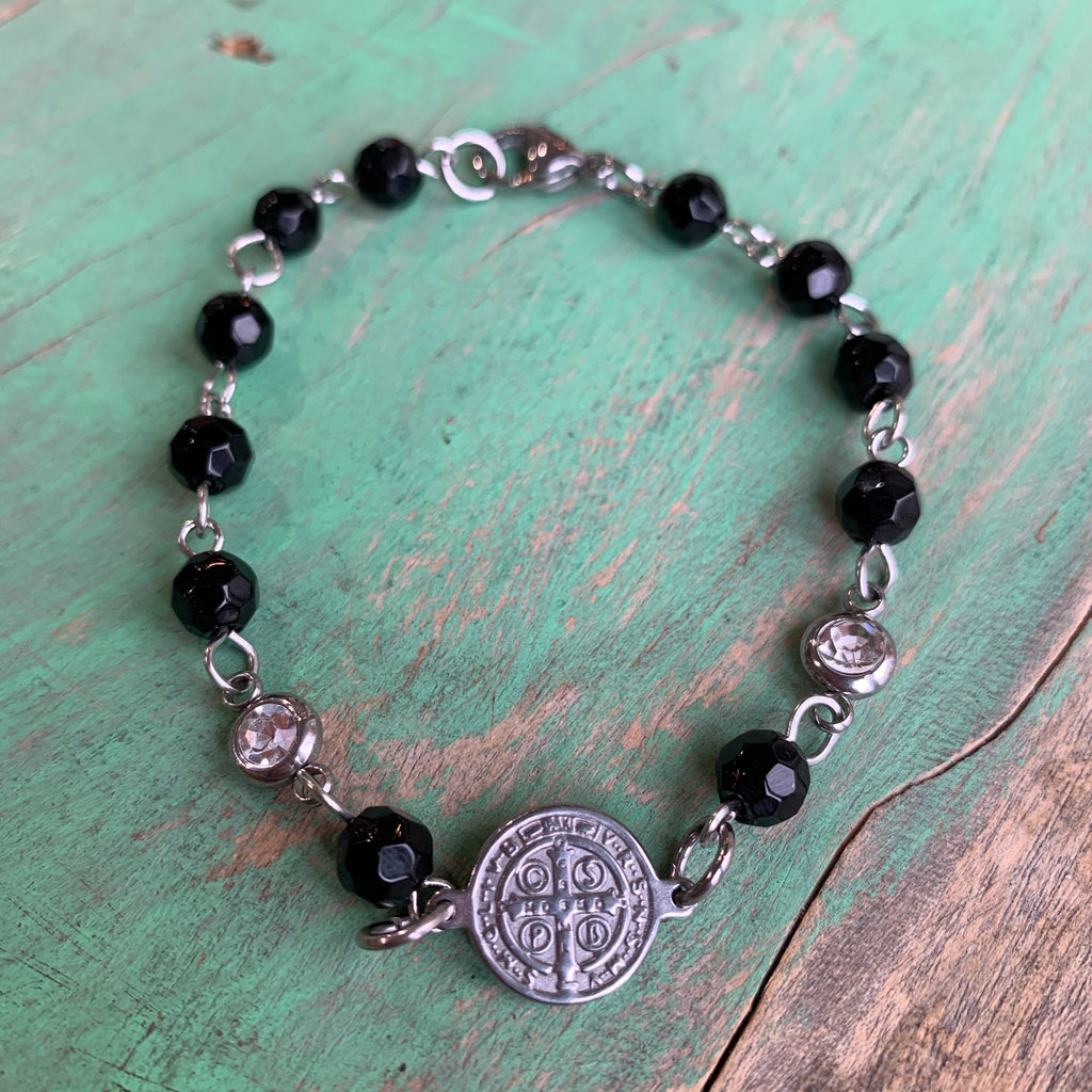 Black and Silver St Benedict Bracelet and Earrings
