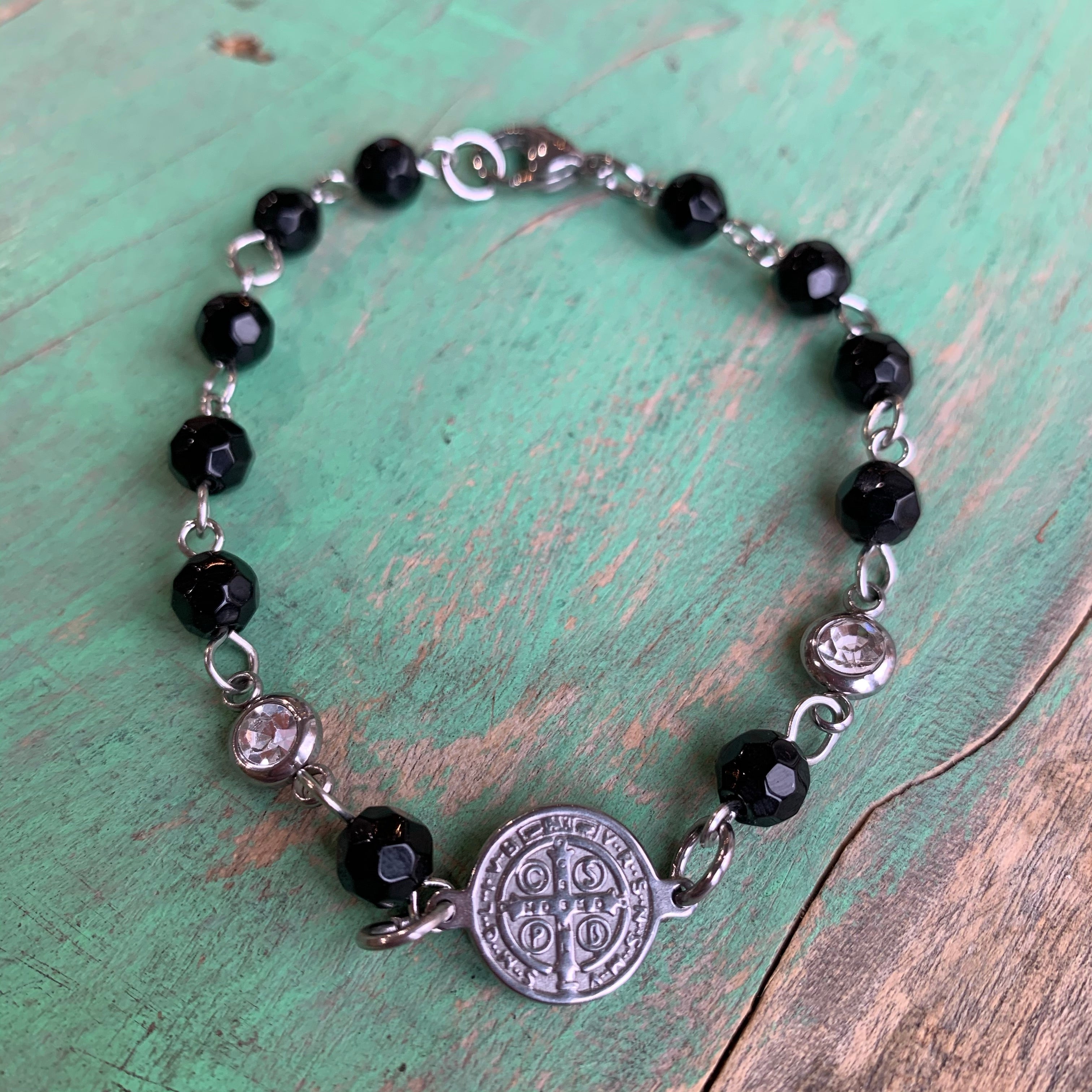 Black and Silver St Benedict Bracelet and Earrings