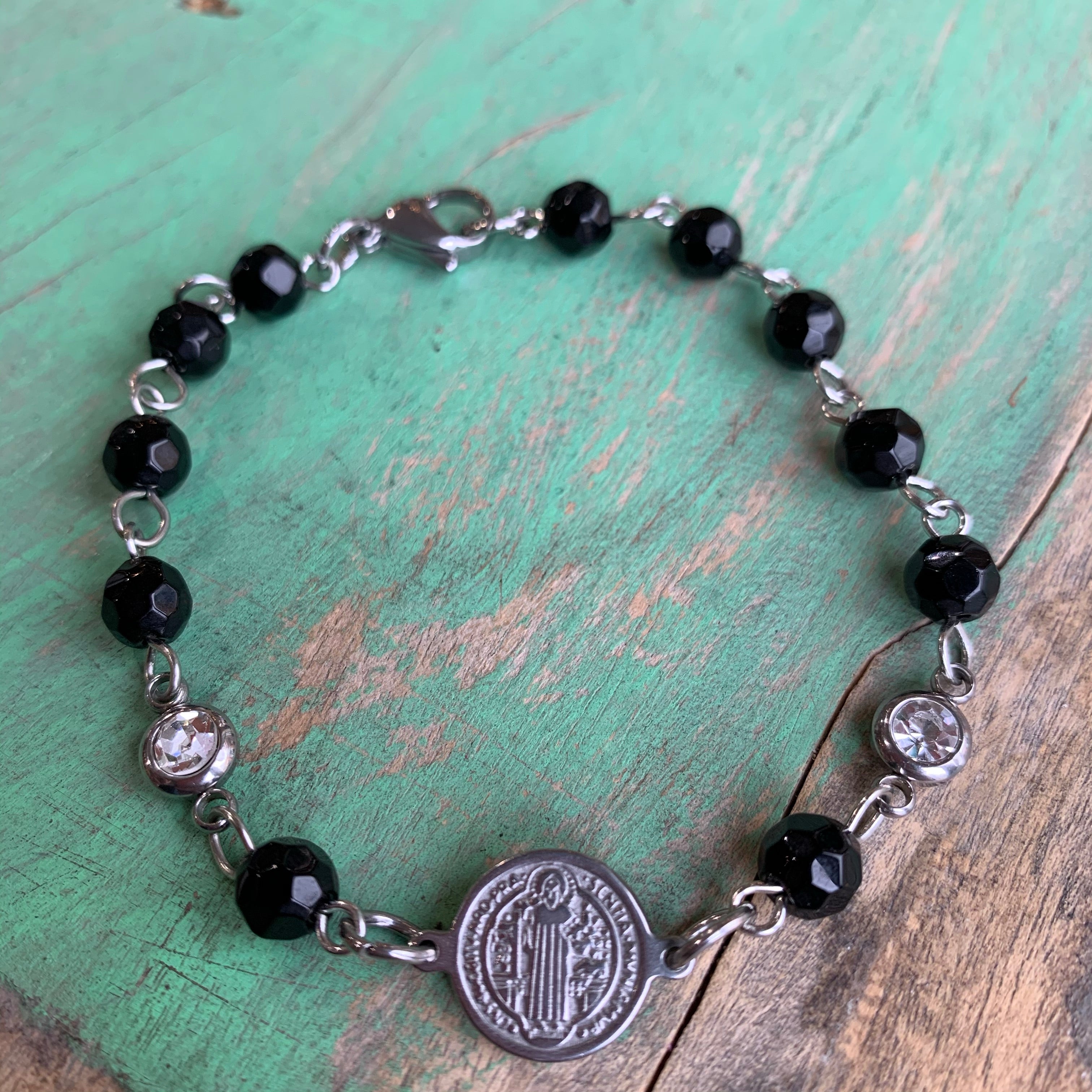 Black and Silver St Benedict Bracelet and Earrings