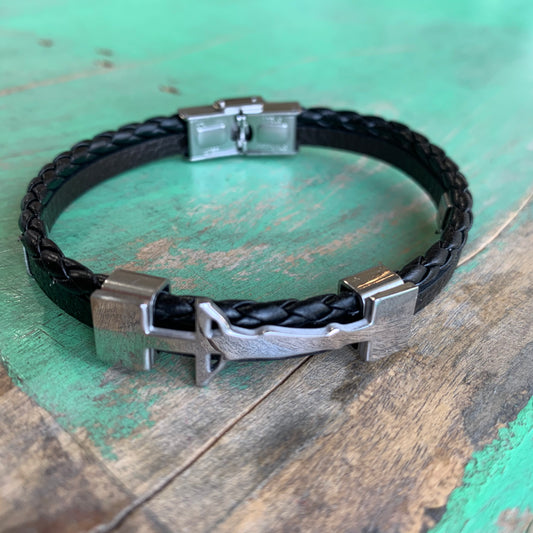 Leather and Stainless Steel Crucifix Bracelet