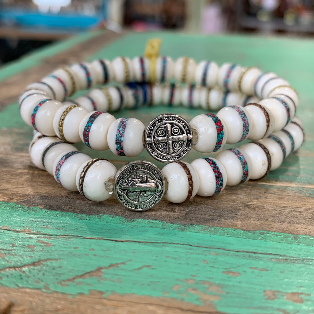 Men of Faith St. Benedict Beige Prayer Bead Bracelet