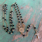 Sterling Silver Black Crystal St Benedict Rosary Necklace