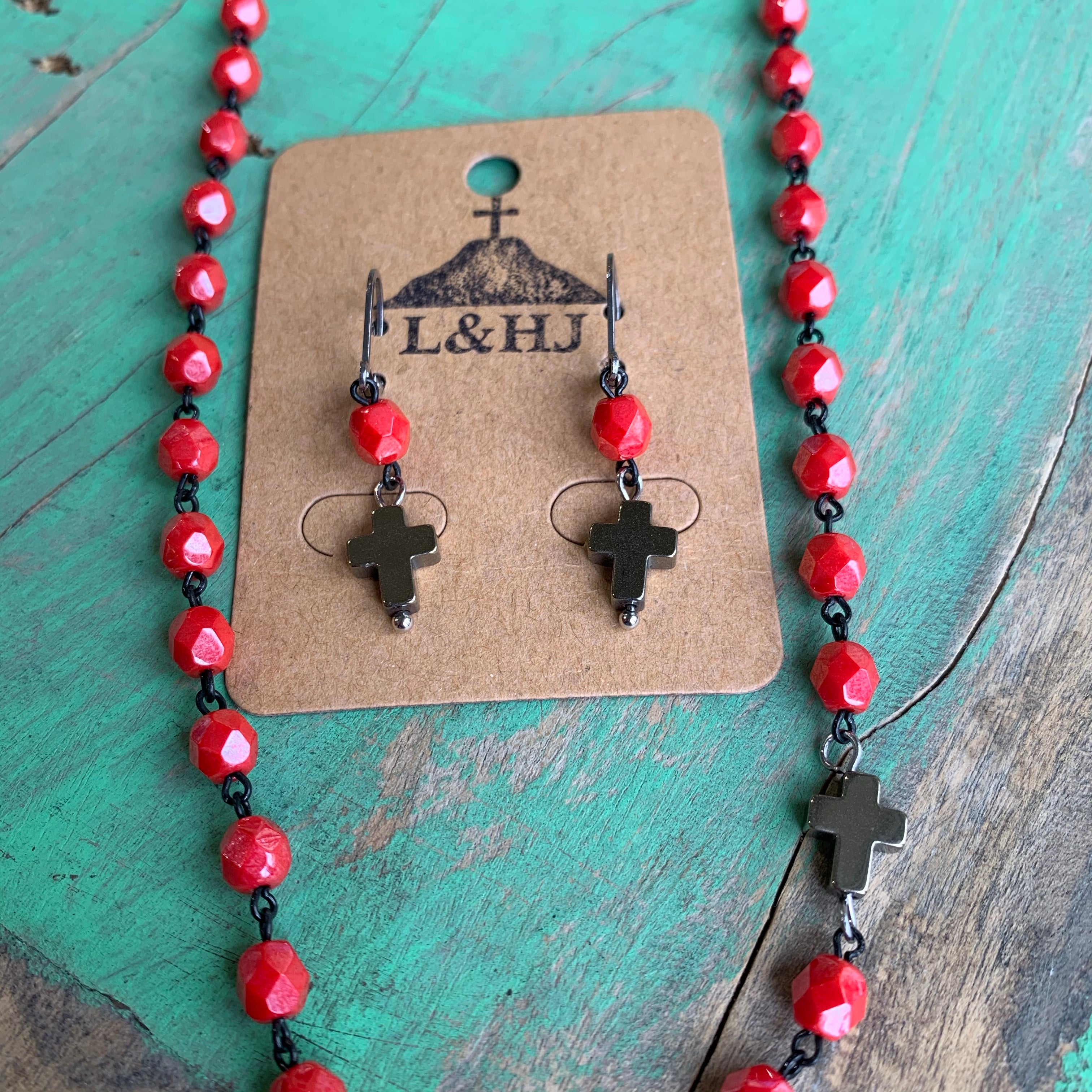 Candy Apple Sideways Cross Necklace and Earrings