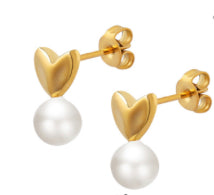Gold Heart on Pearl Stainless Steel Post Earrings