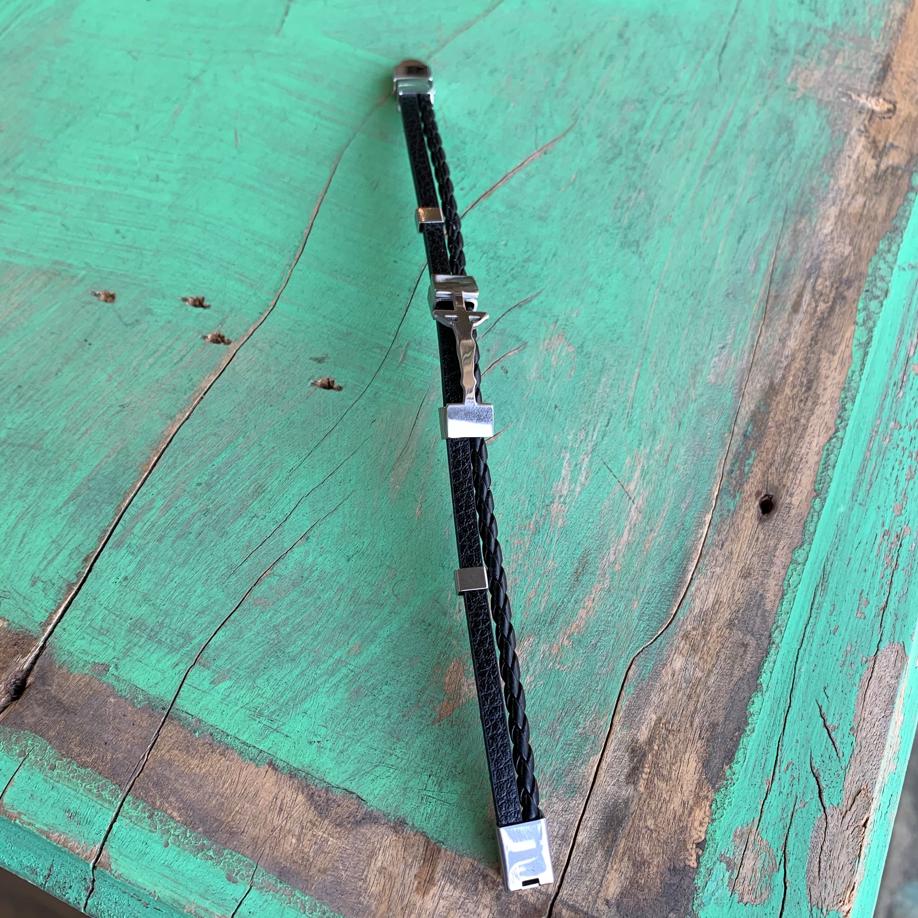 Leather and Stainless Steel Crucifix Bracelet